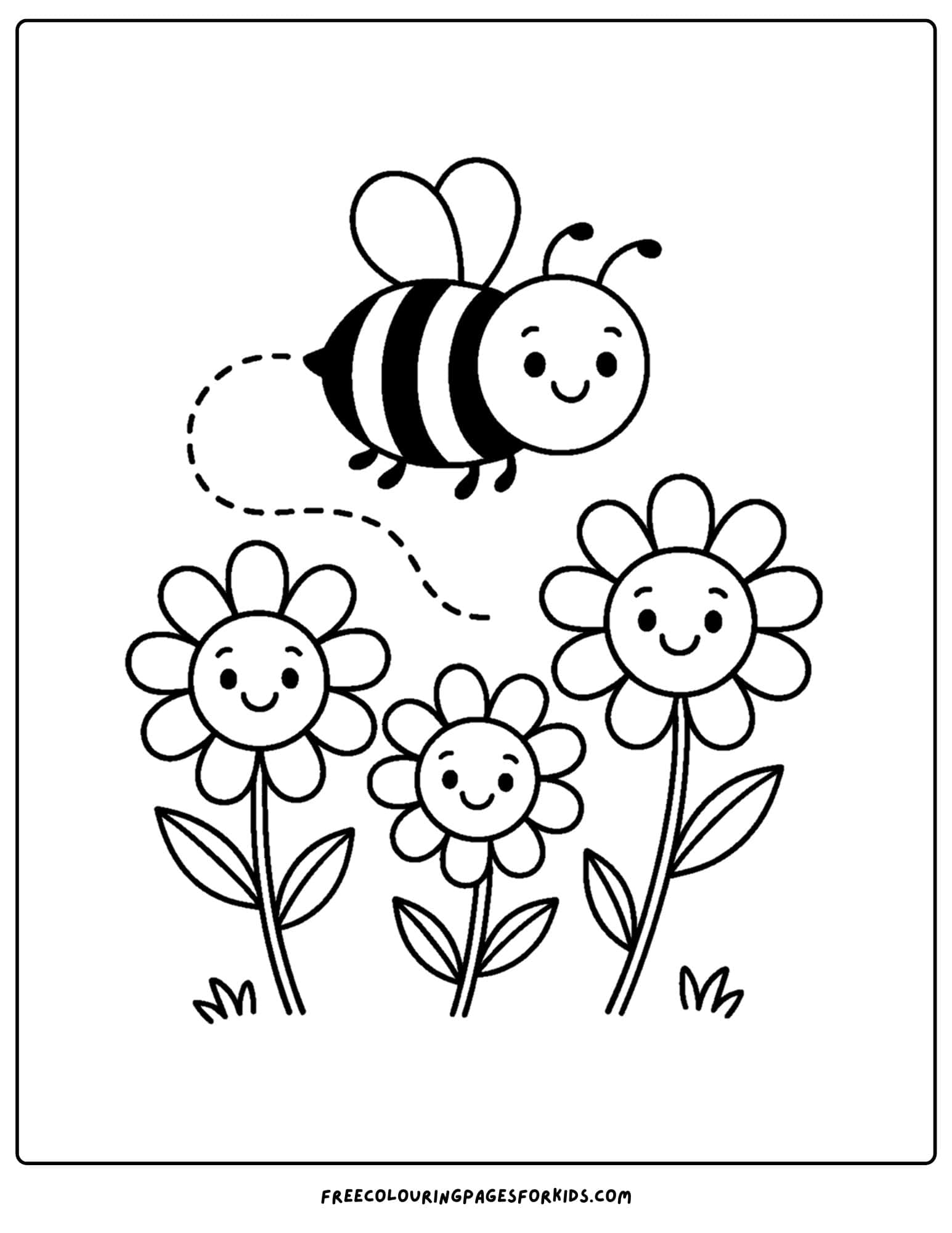 a flower coloring page of a bee flying over some flowers