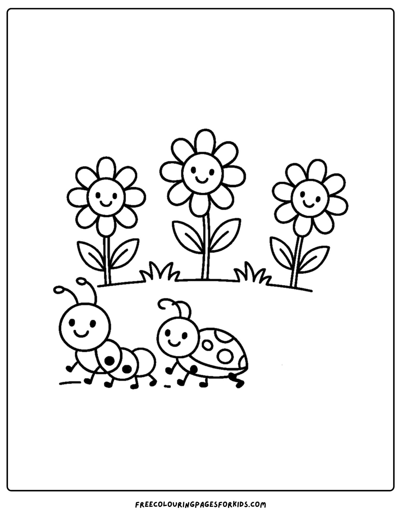 a flower coloring page of flowers with bugs walking past