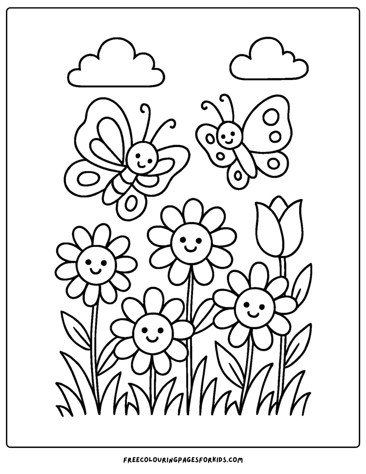 a flower coloring page of a flower garden and butterflies overhead