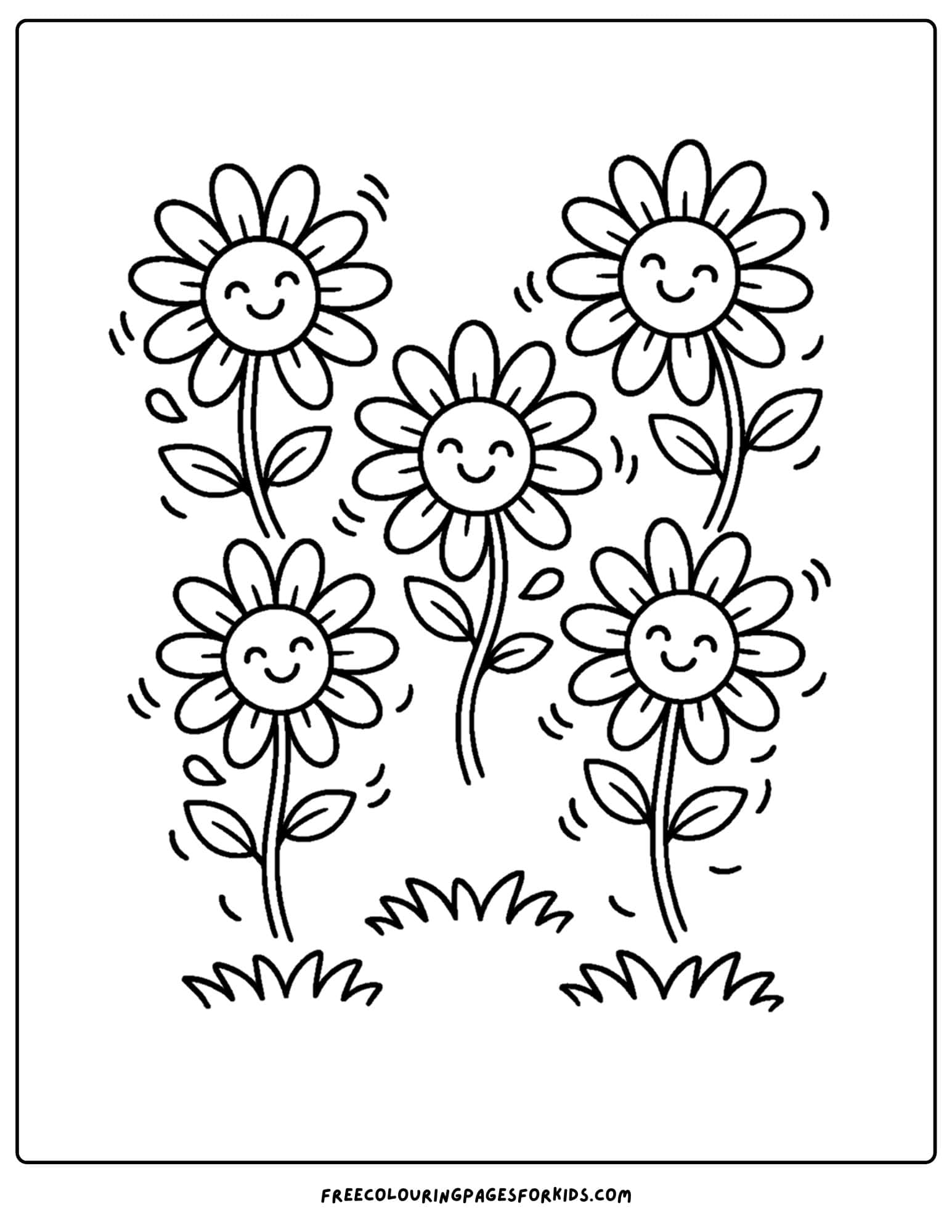 a flower coloring page of happy daisies dancing