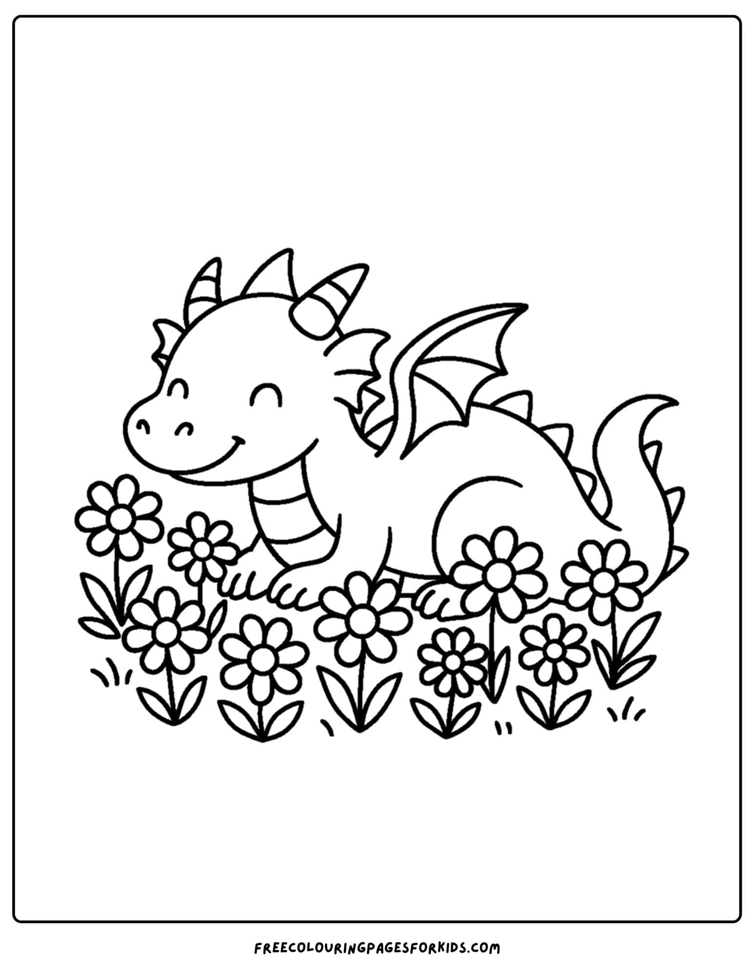 a flower coloring page of a dragon sleeping in a bed of flowers