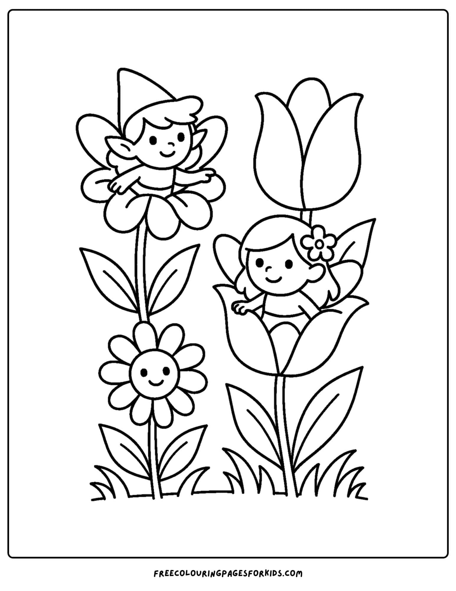 a flower coloring page of fairies hiding in the flower blooms