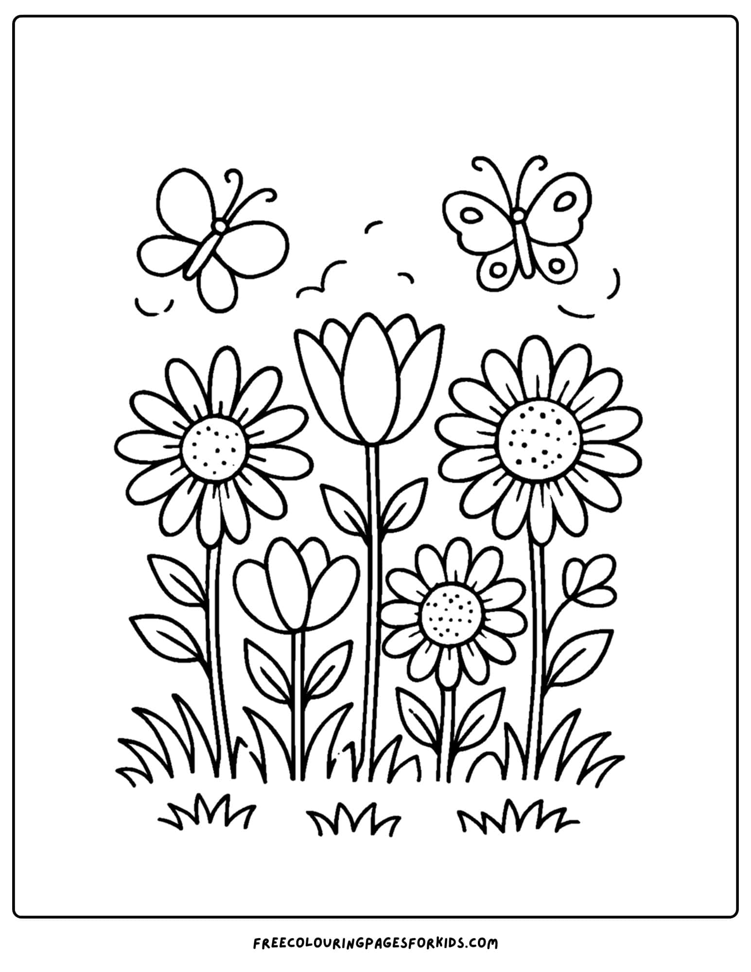 a flower coloring page of a garden with butterflies above