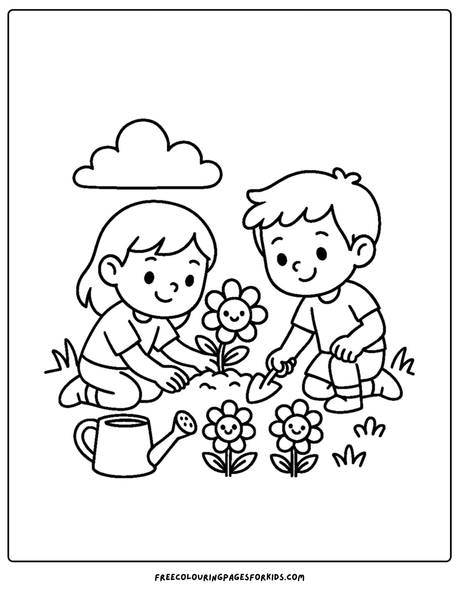 a flower coloring page of kids planting flowers
