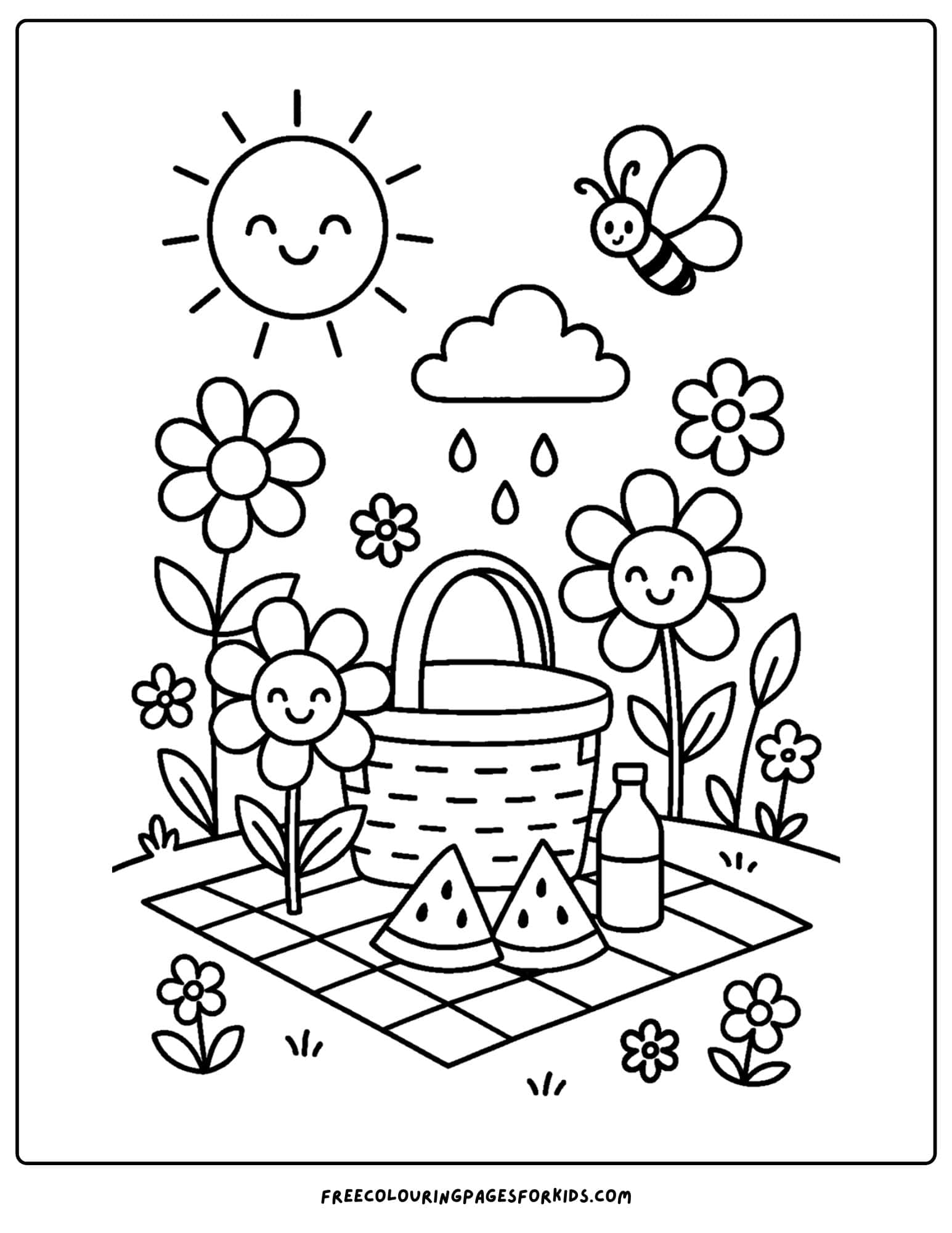 a flower coloring page of a picnic amongst wildflowers