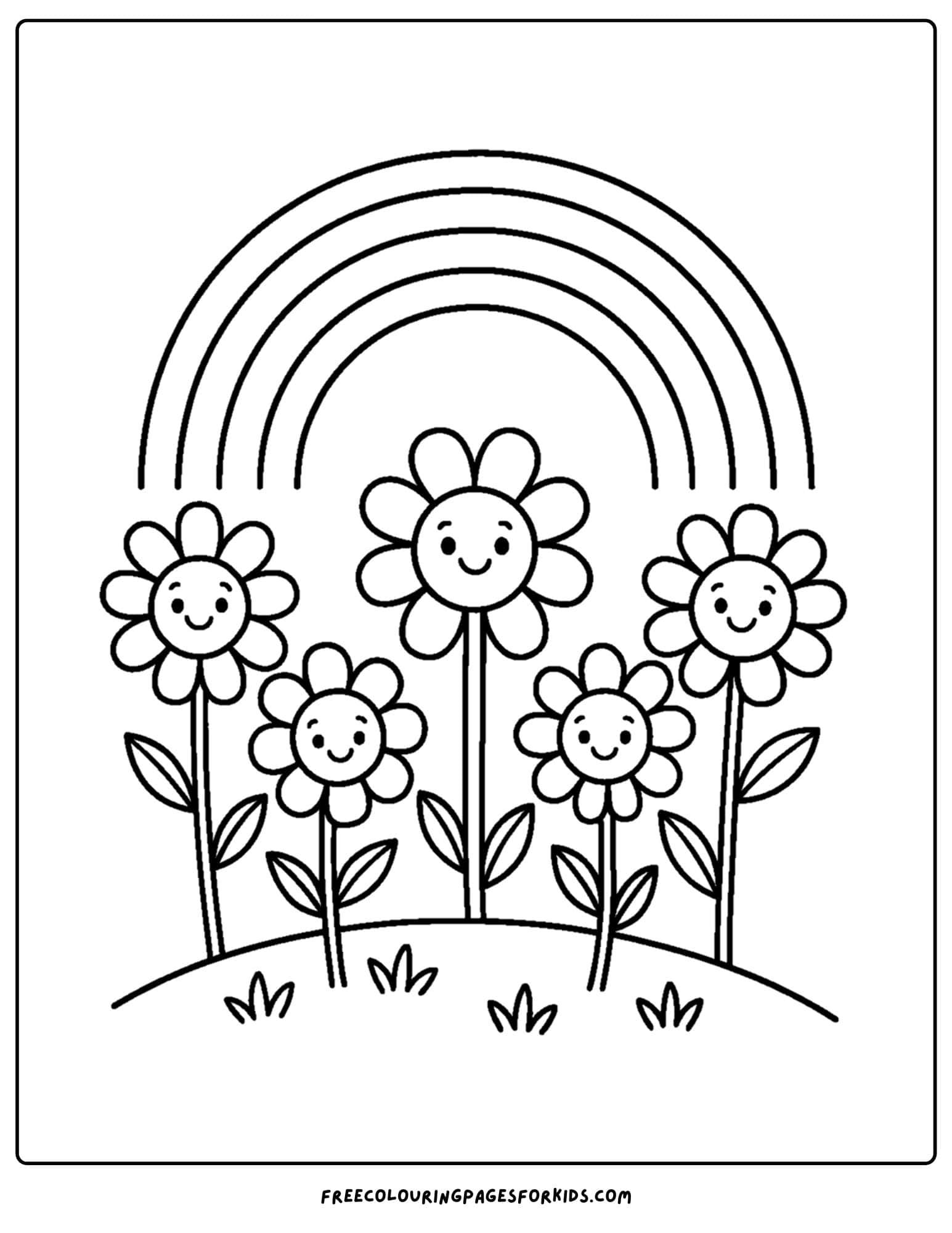 a flower coloring page of flowers growing under a rainbow