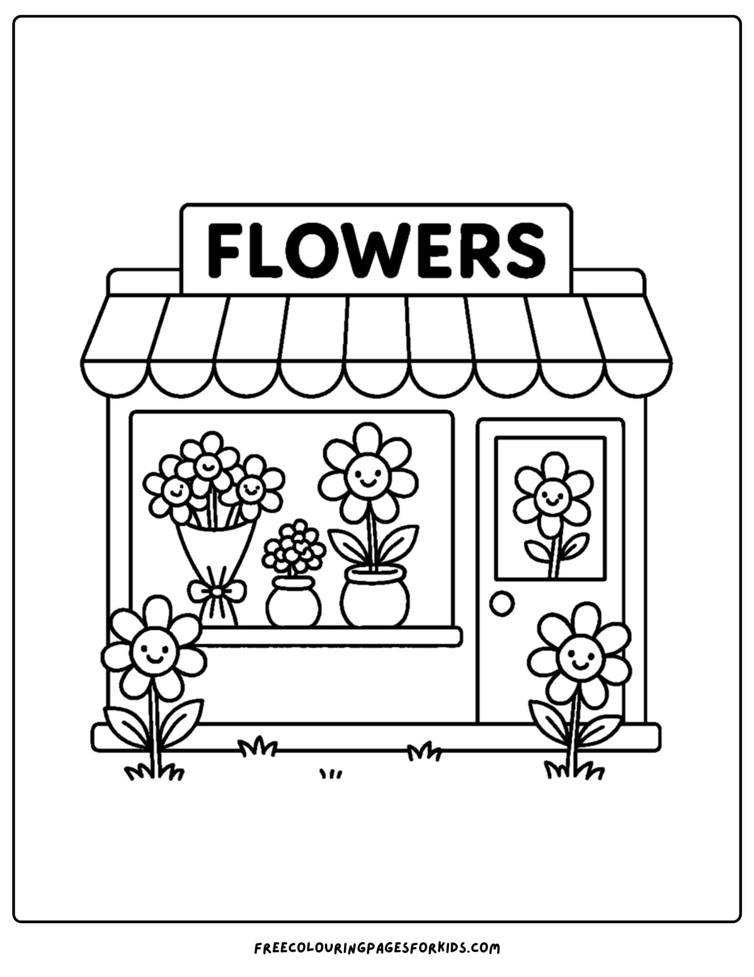 a flower coloring page of a flower shop with flowers for sale in the window