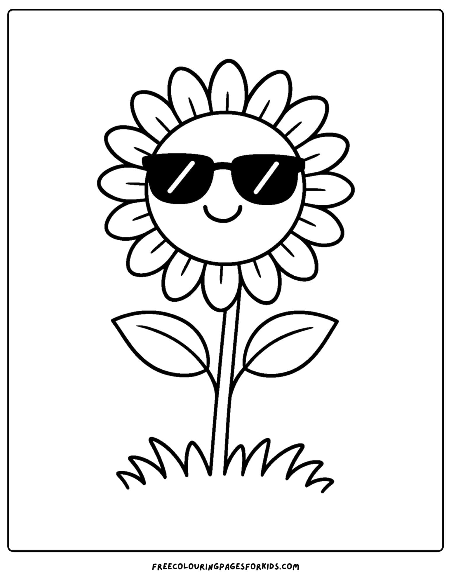 a flower coloring page of a smiling flower wearing sunglasses