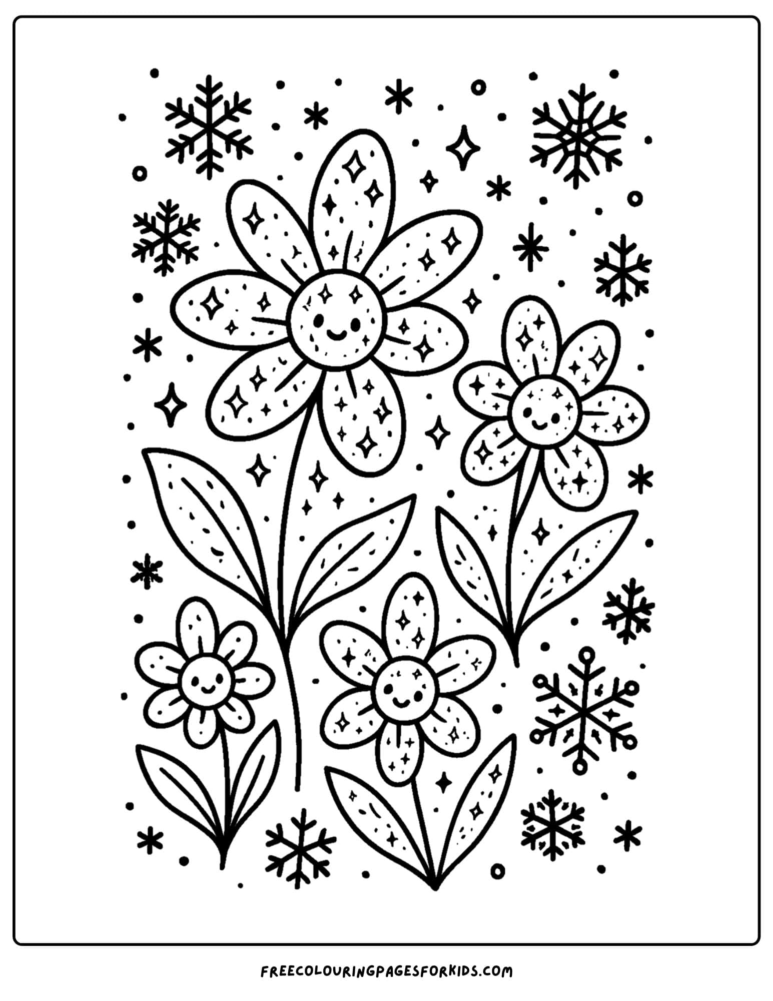 a flower coloring page of flowers with snowflakes around