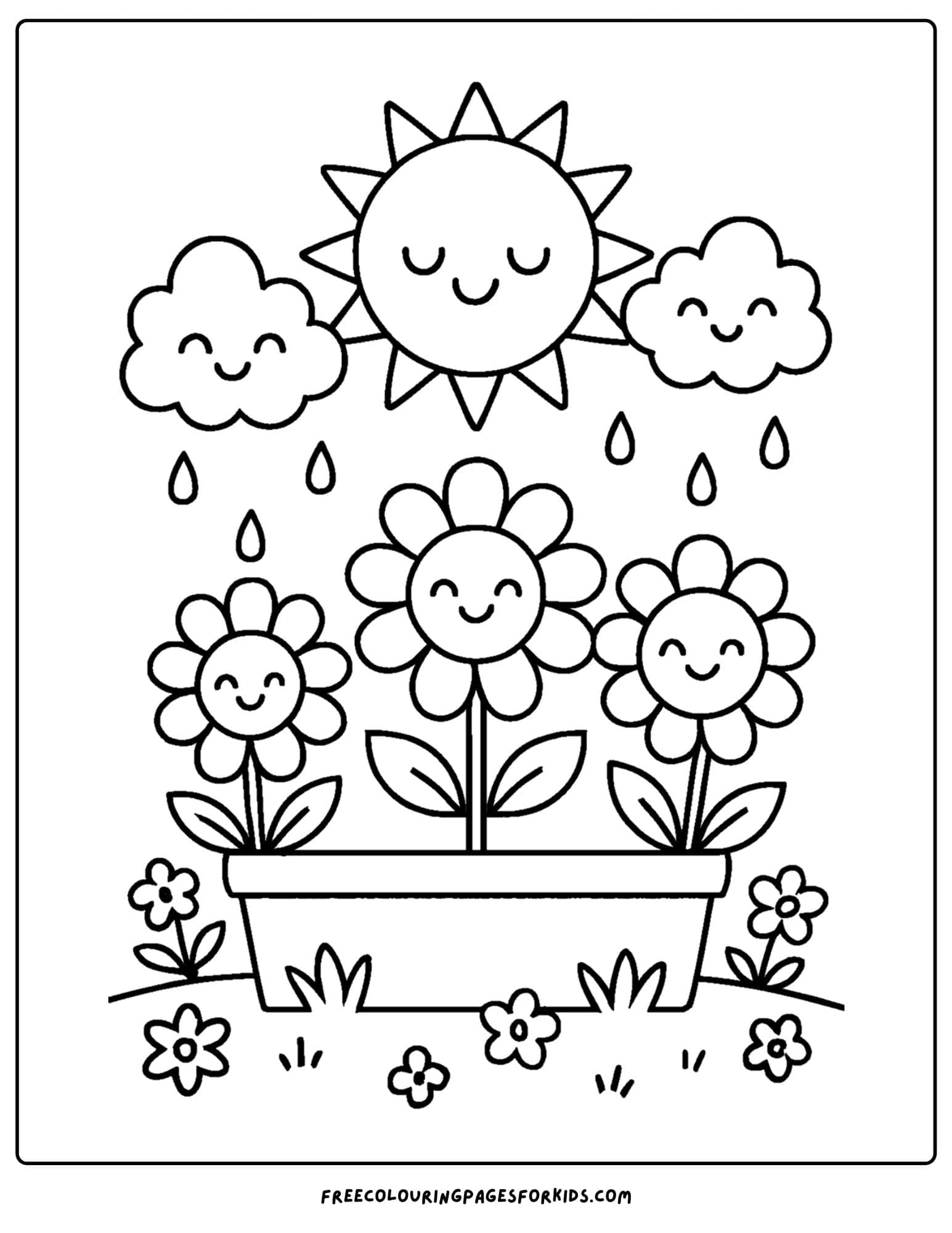a flower coloring page of flowers in a flower box with sun and rain clouds above