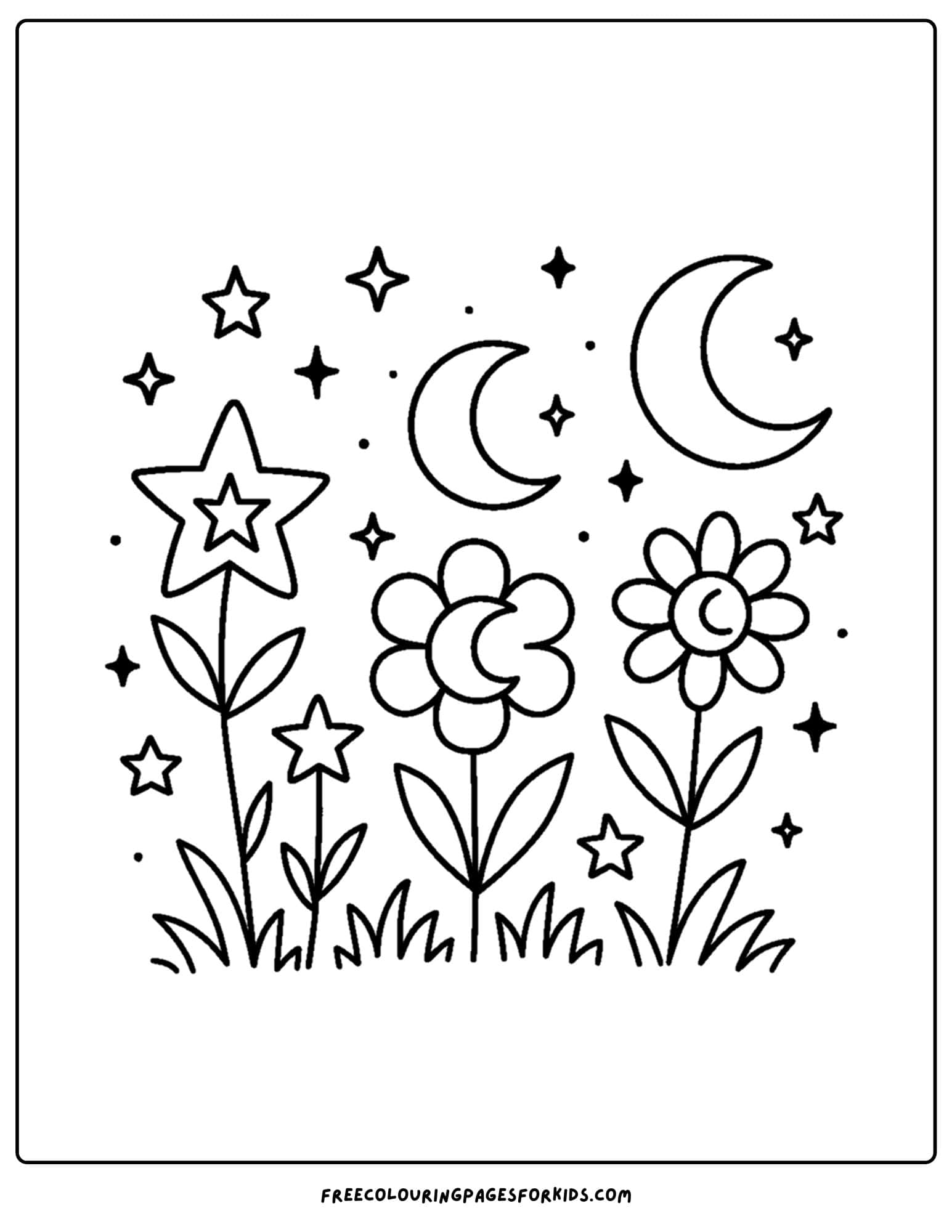 a flower coloring page of flowers with moons and stars for petals