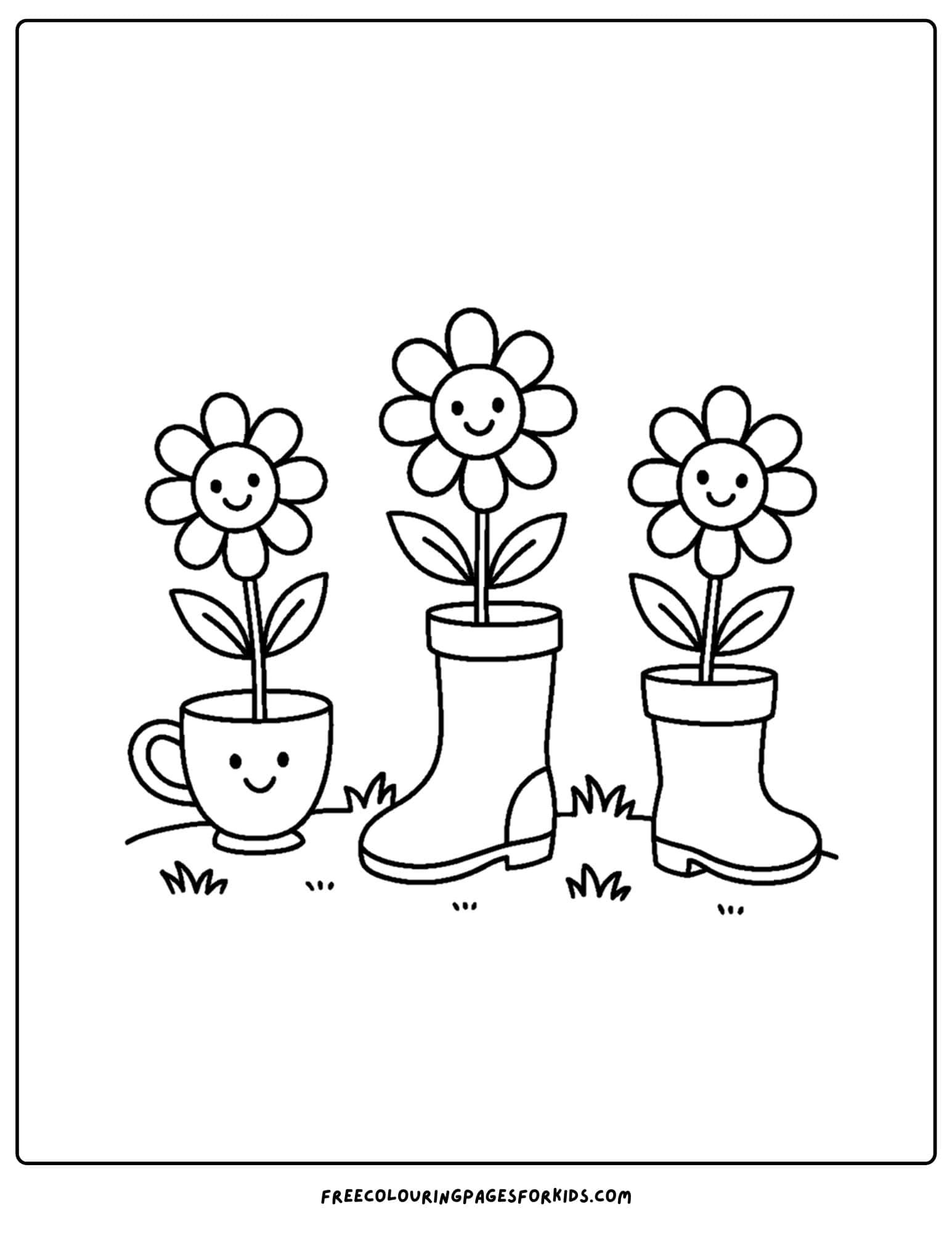 a flower coloring page of flowers growing in boots and a cup