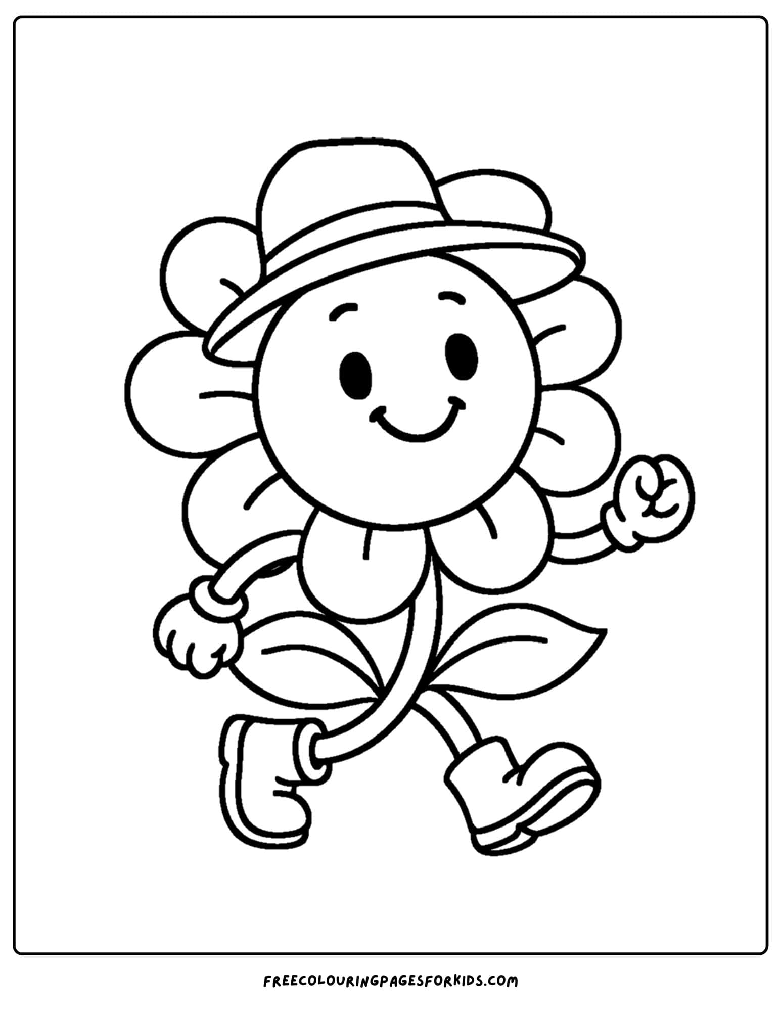 a flower coloring page of a flower walking with boots and a hat