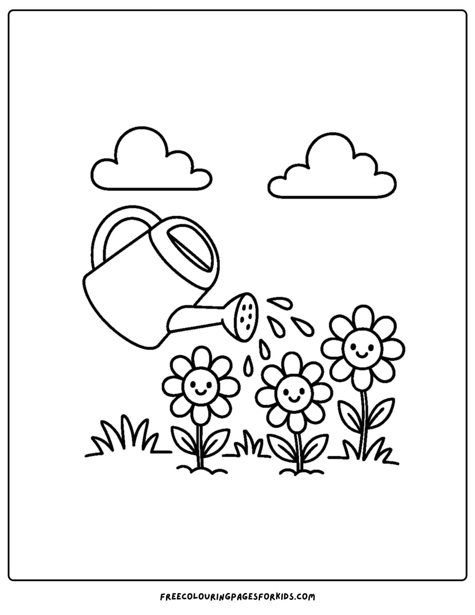 a flower coloring page of some flowers being watered by a watering can