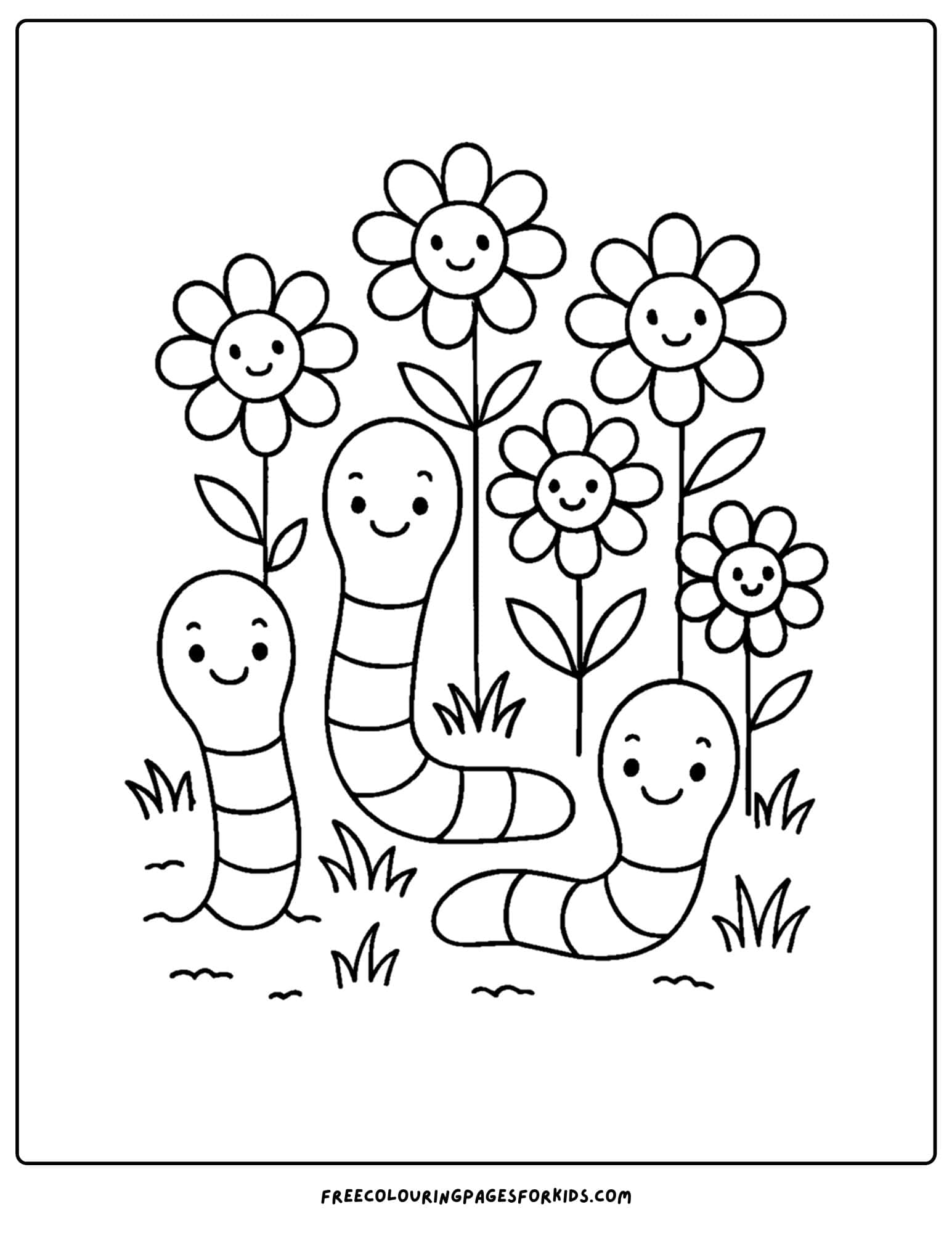 a flower coloring page of worms popping up next to some flowers