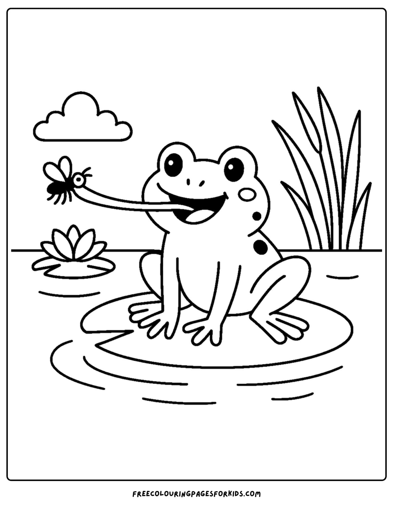 a frog coloring page of a frog catching a fly