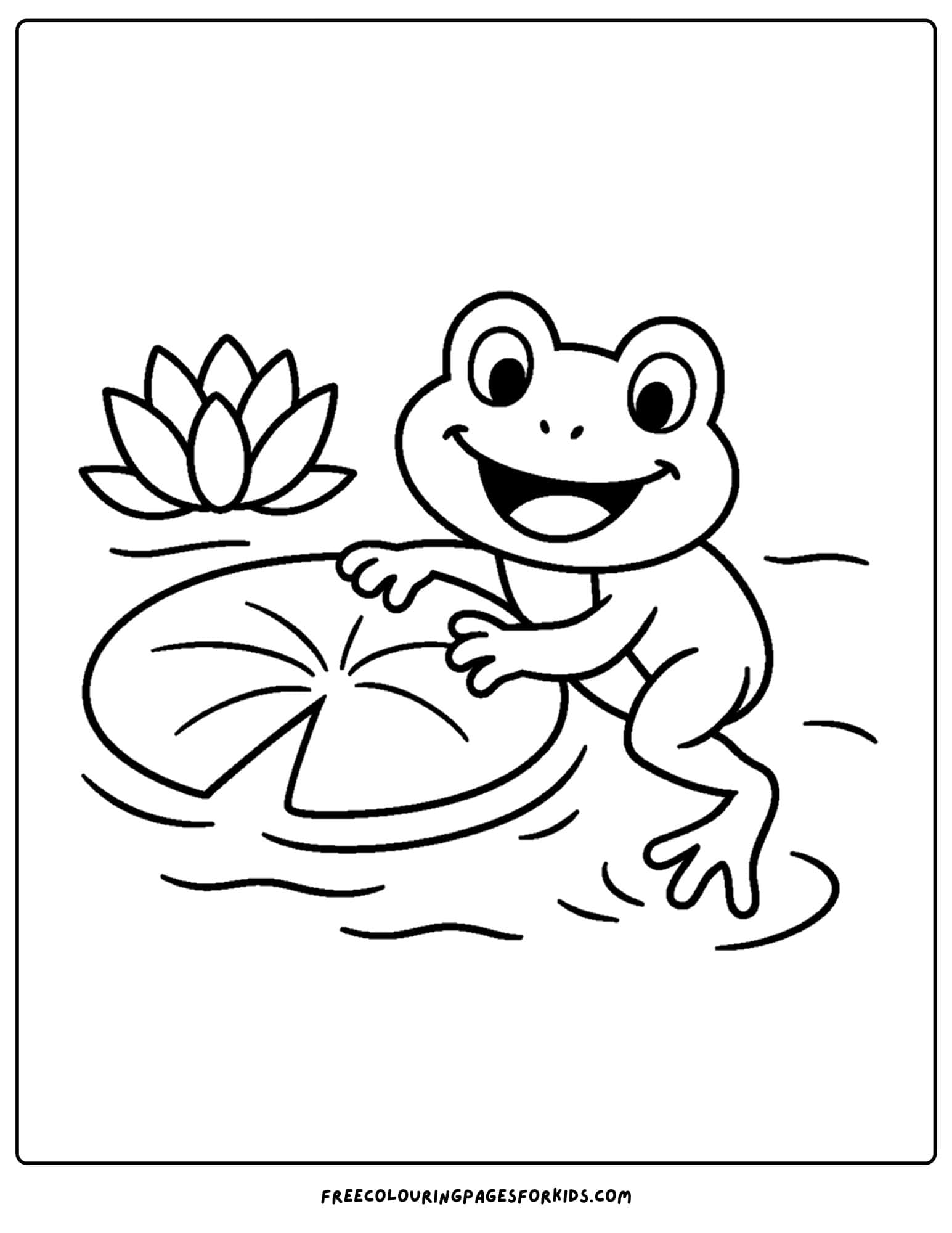 a frog coloring page of a frog climbing onto a lily pad