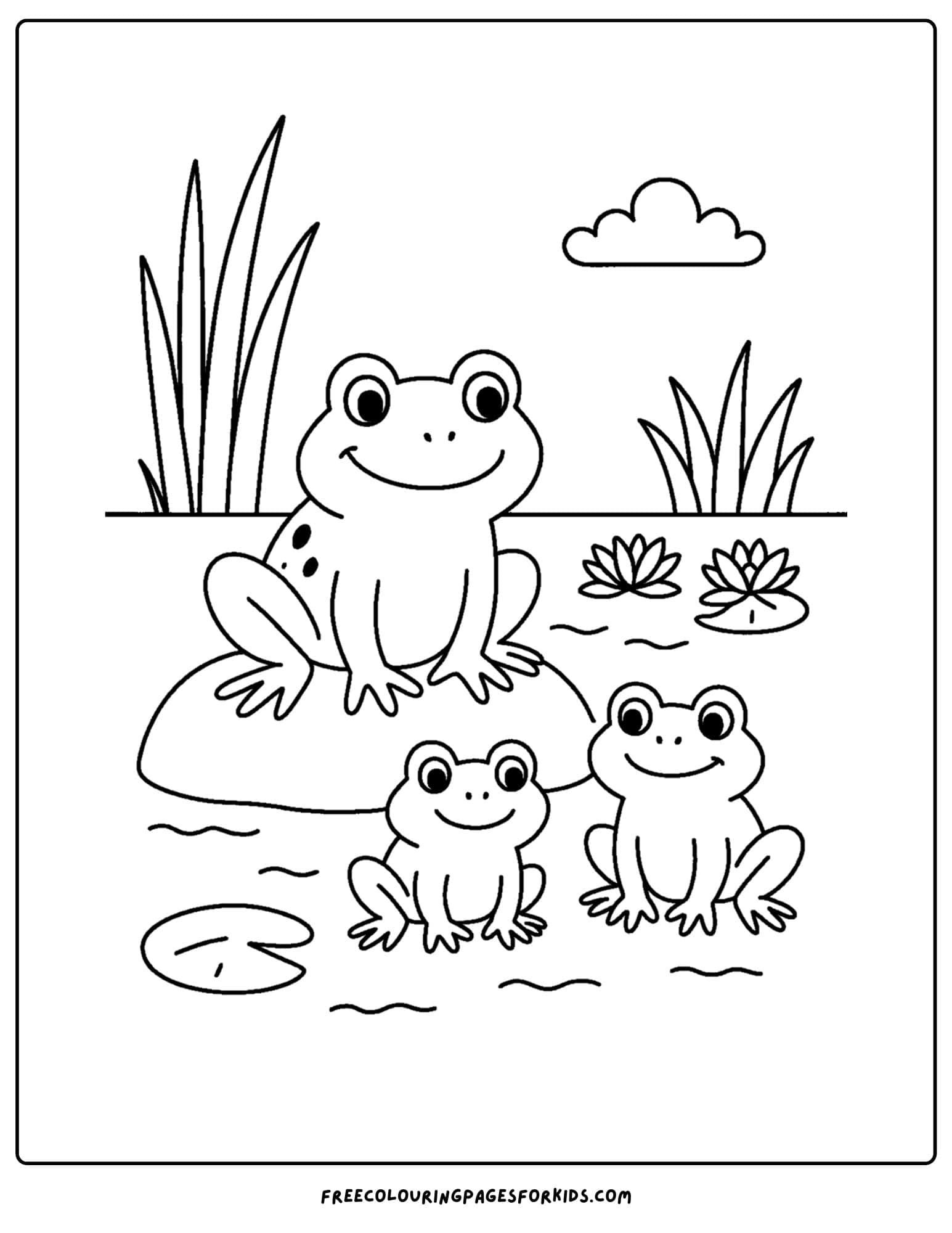 a frog coloring page of a frog family in a pond