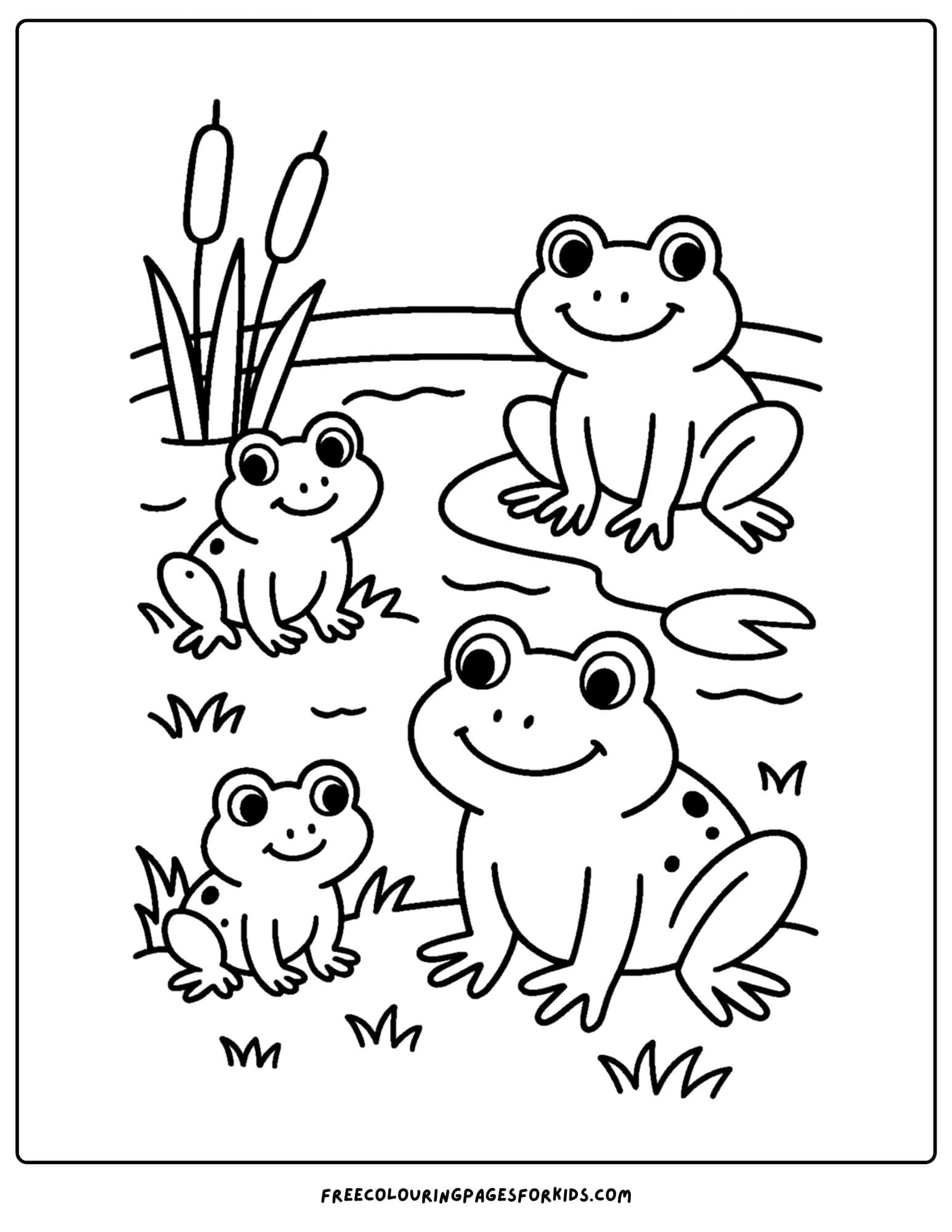 a frog coloring page of a frog family by a pond