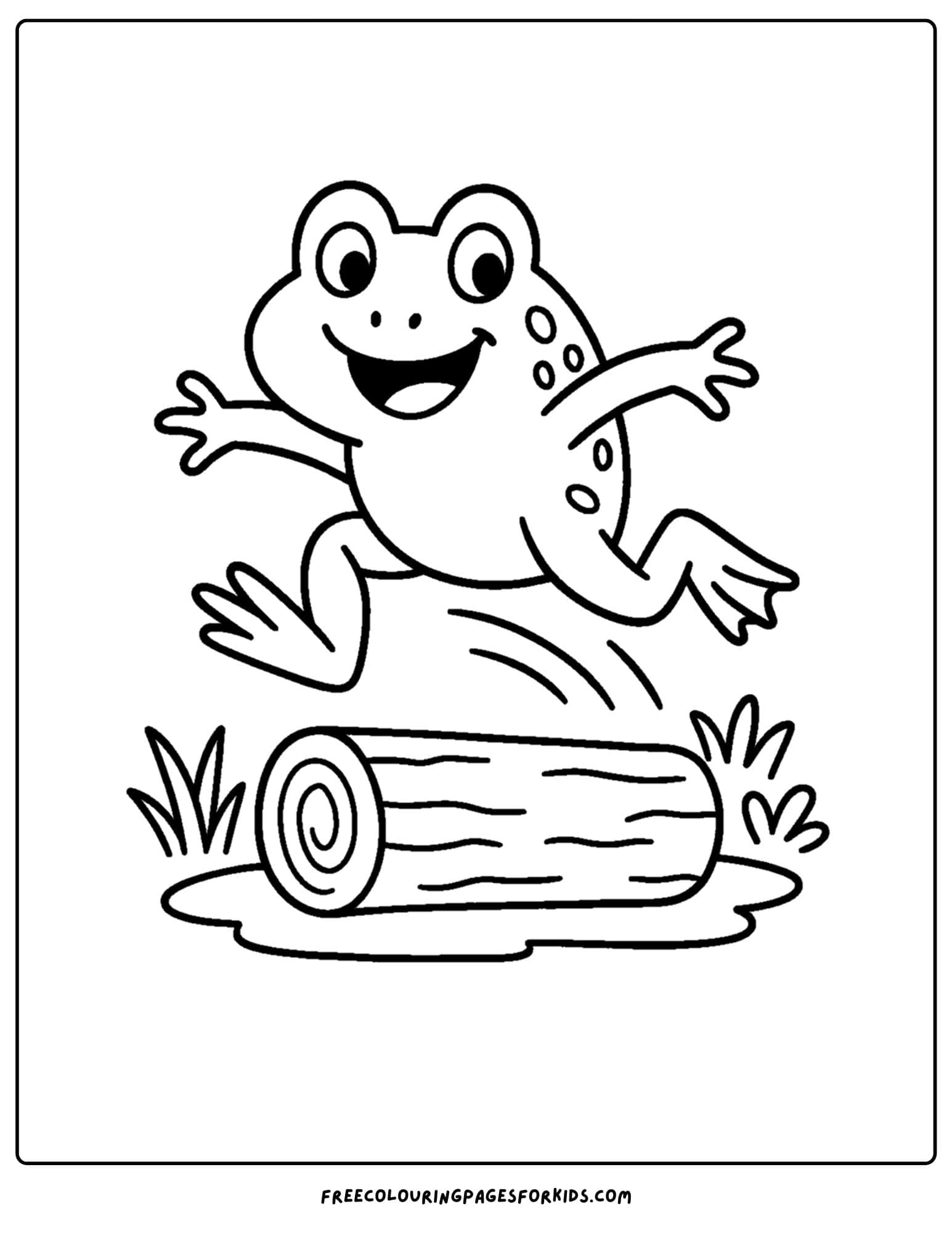 a frog coloring page of a frog jumping over a log