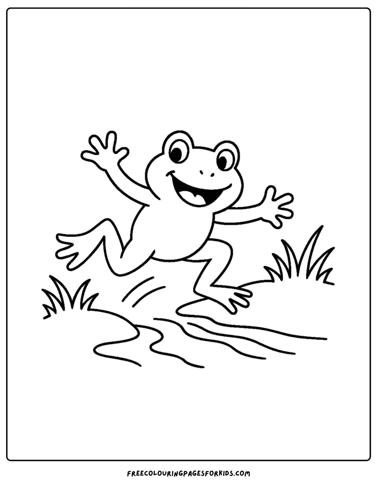 a frog coloring page of a frog jumping over a stream