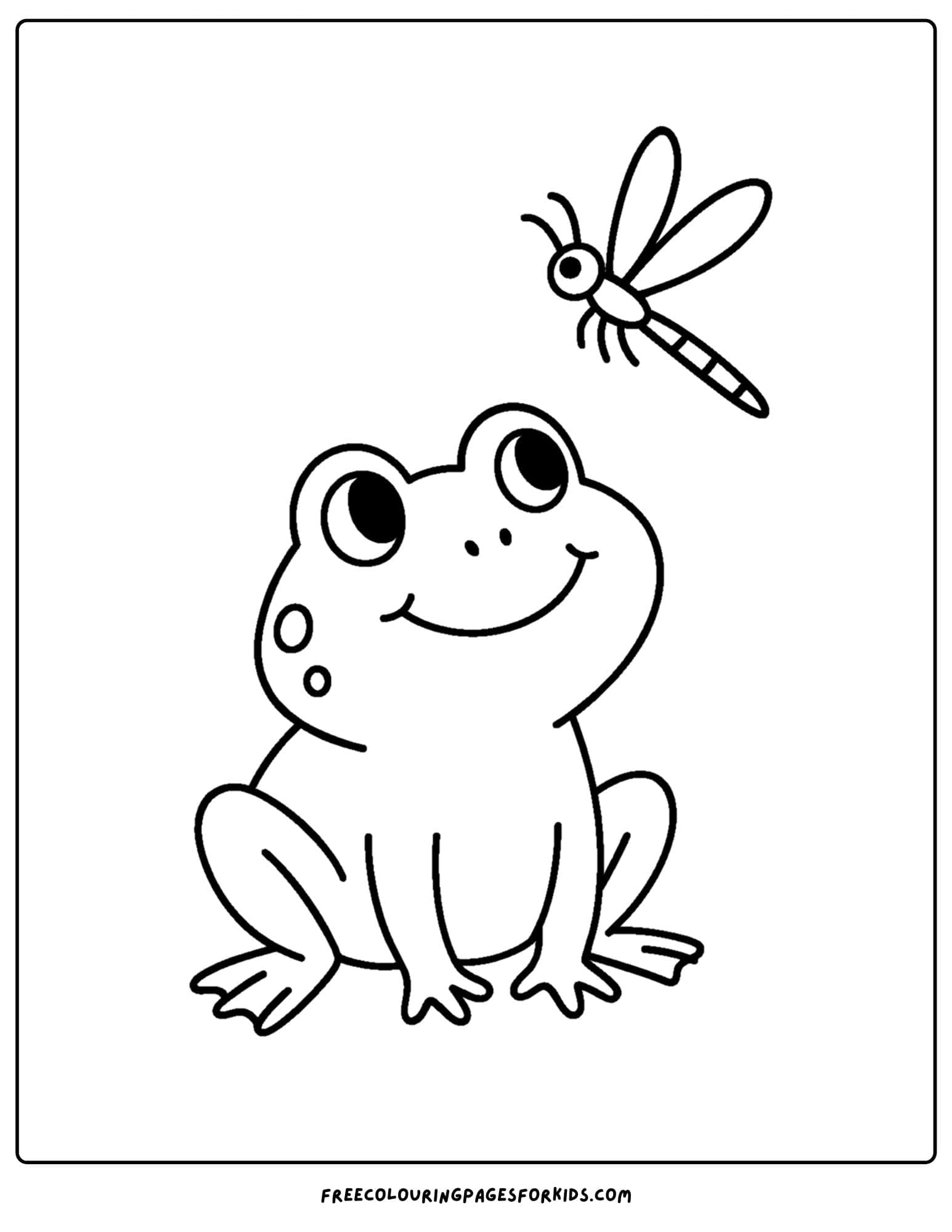 a frog coloring page of frog looking at a dragonfly