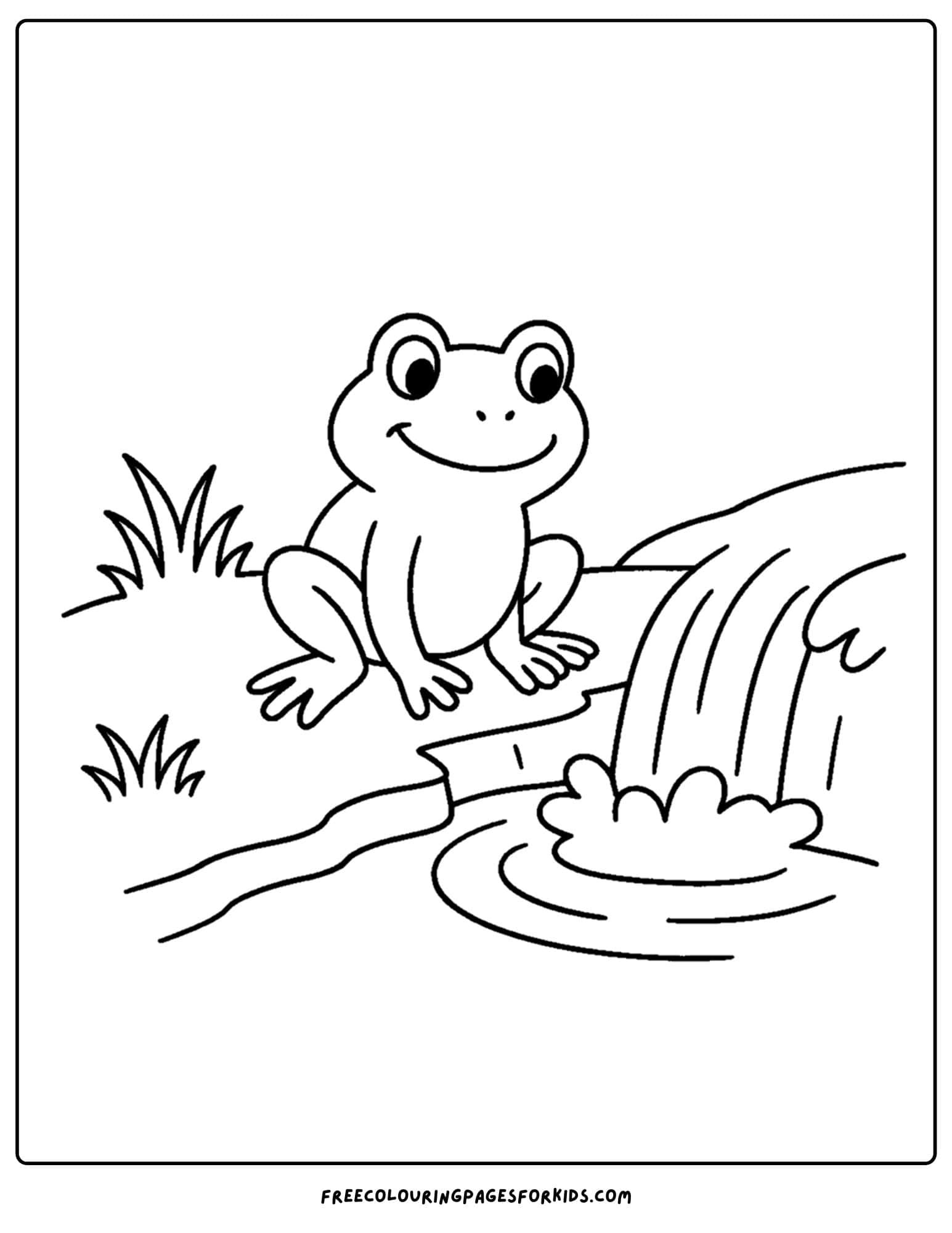 a frog coloring page of frog near a waterfall