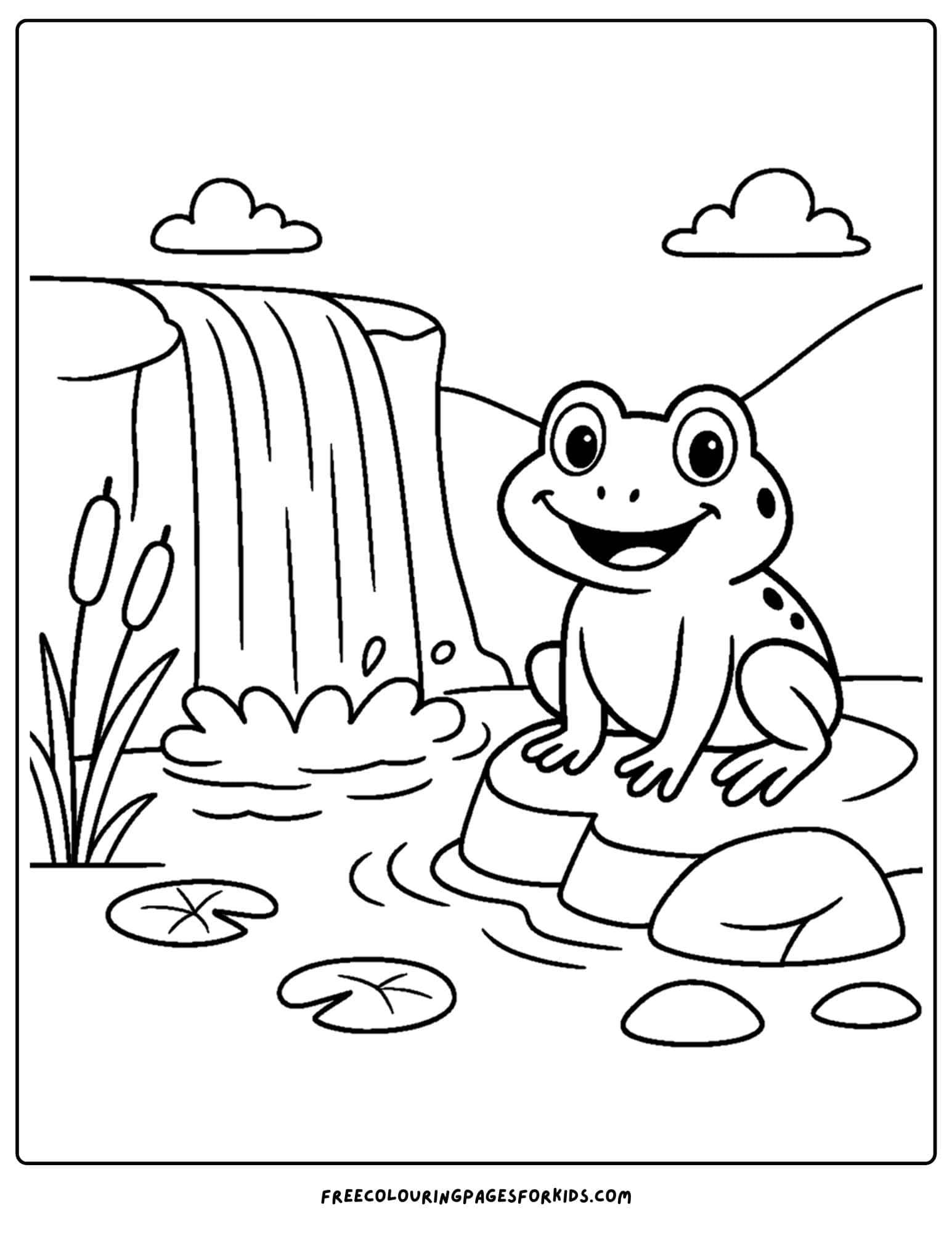 a frog coloring page of frog near a waterfall