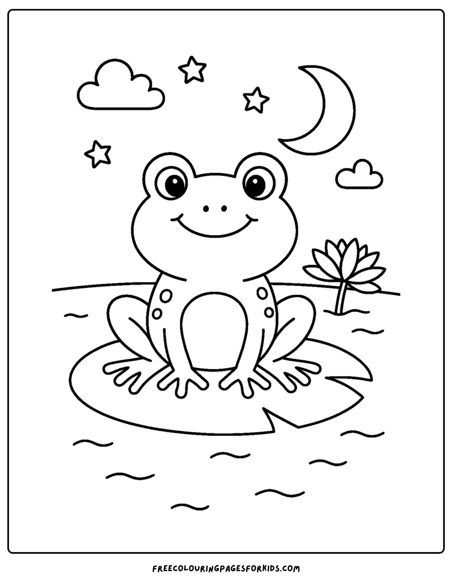 a frog coloring page of frog sitting on a lily pad at night