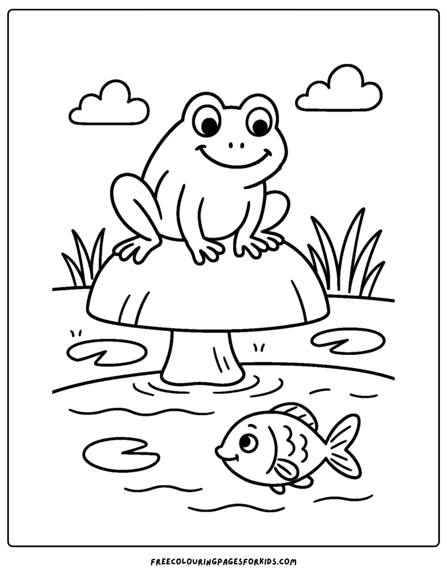 a frog coloring page of frog on a mushroom by a pond