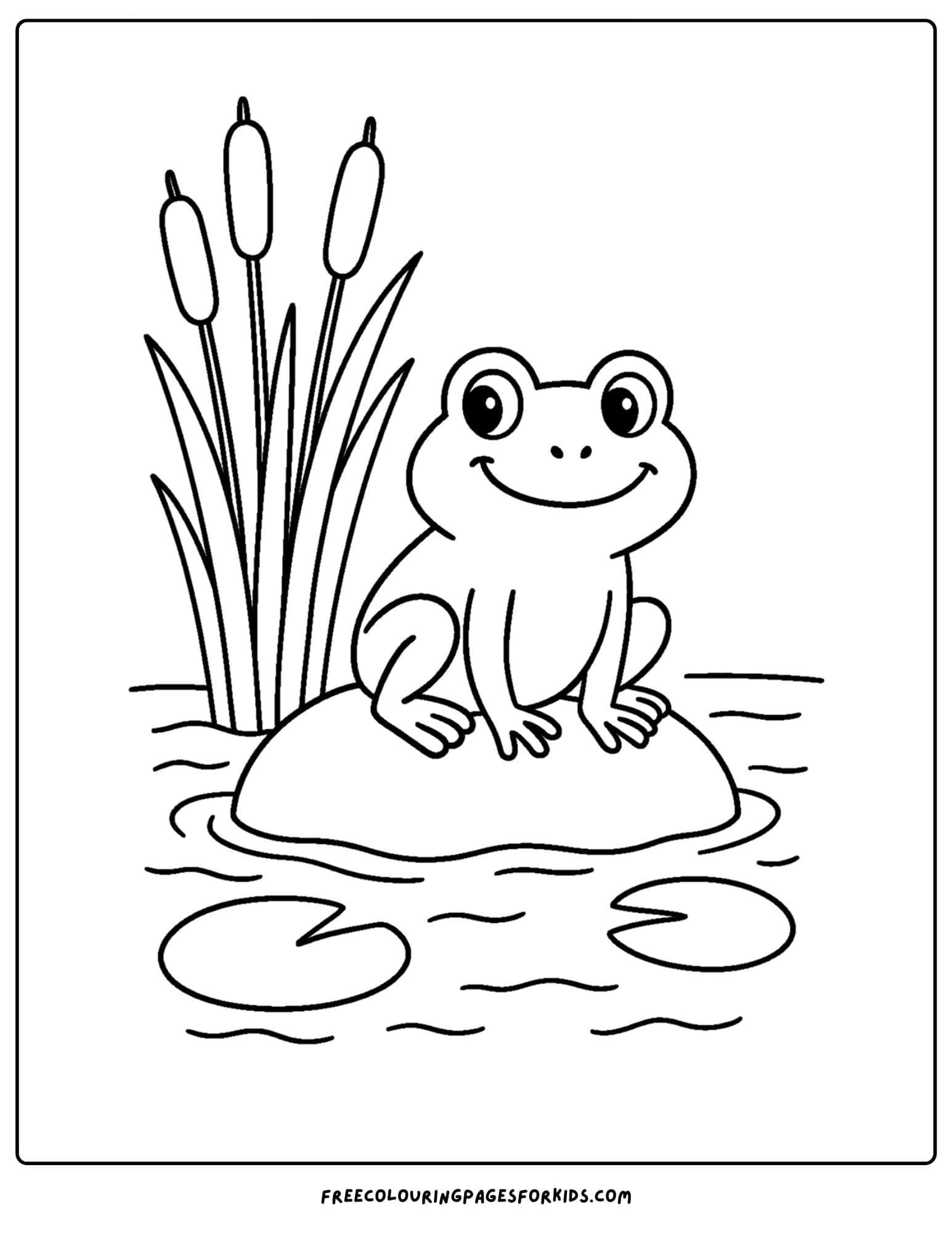 a frog coloring page of a frog on a rock near some reeds in a pond