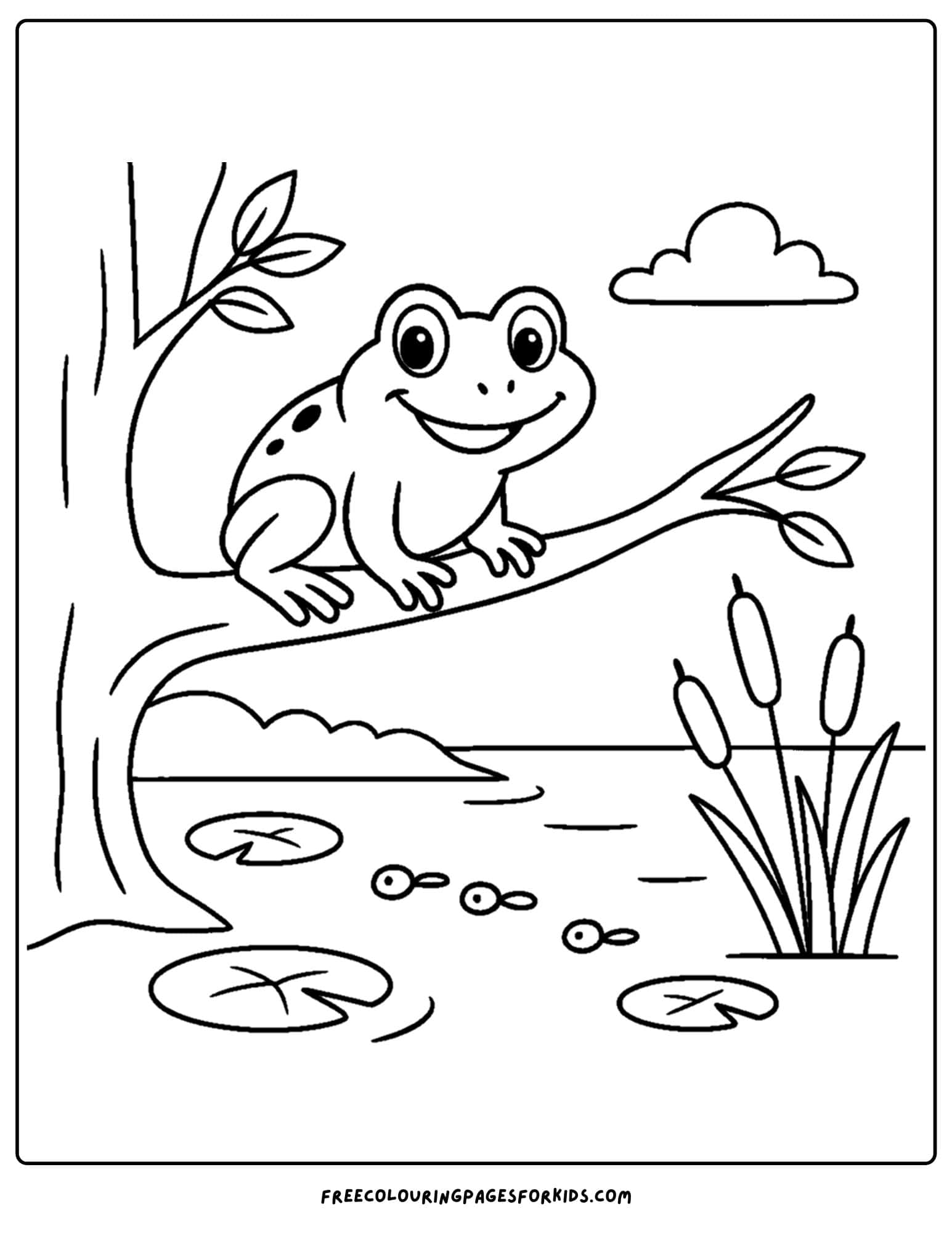 a frog coloring page of on a tree branch over a pond