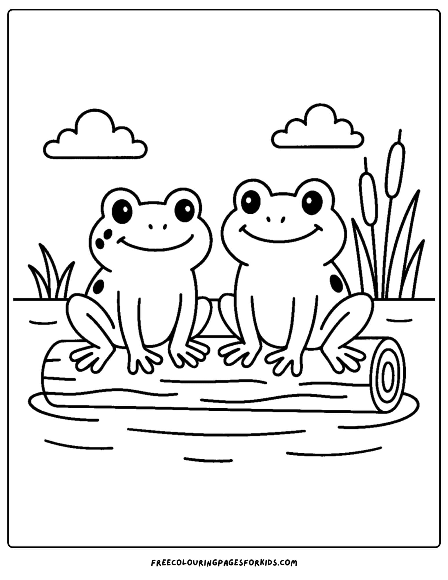 a frog coloring page of two frogs sitting on a log in a pond