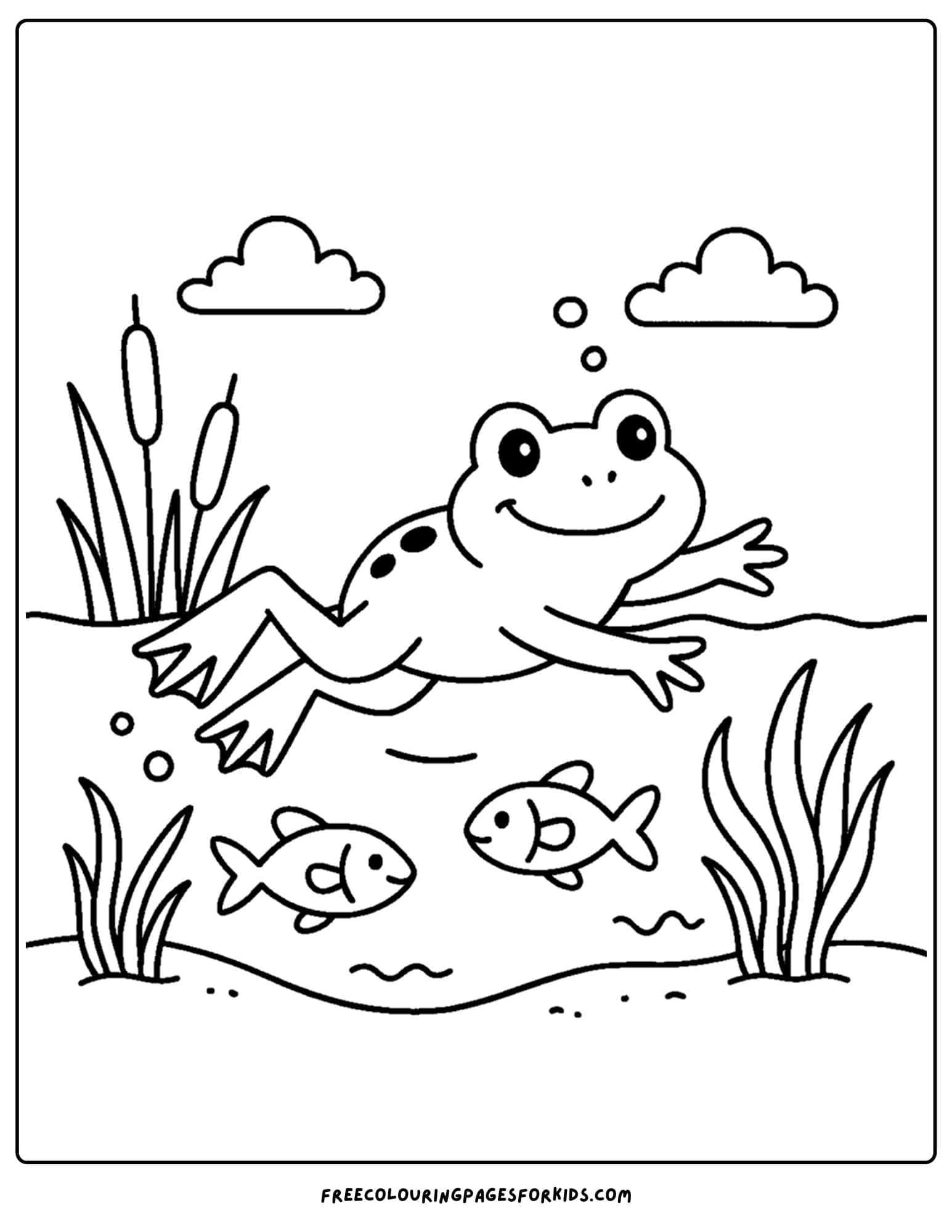 a frog coloring page of a frog swimming in a pond