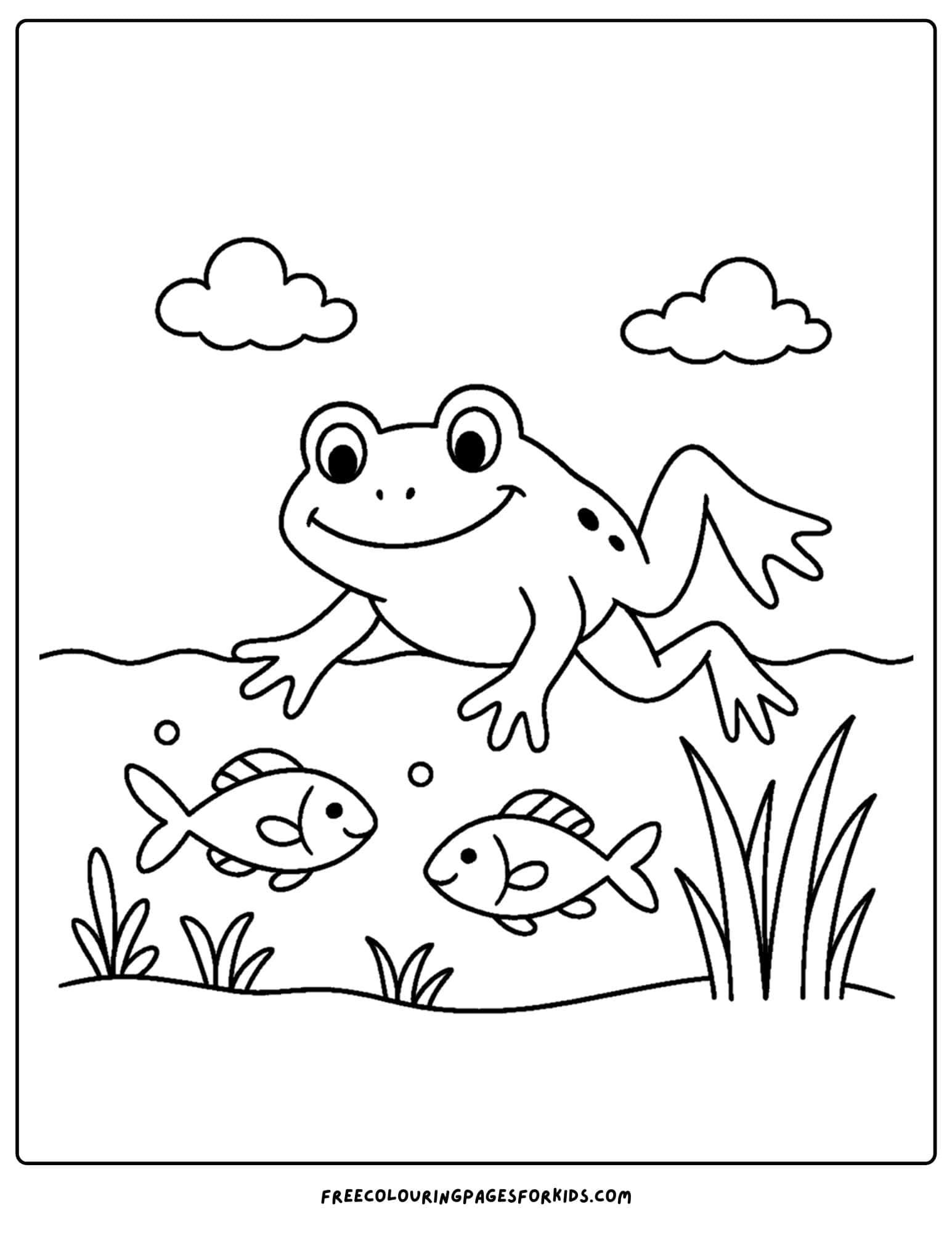 a frog coloring page of a frog swimming with fish