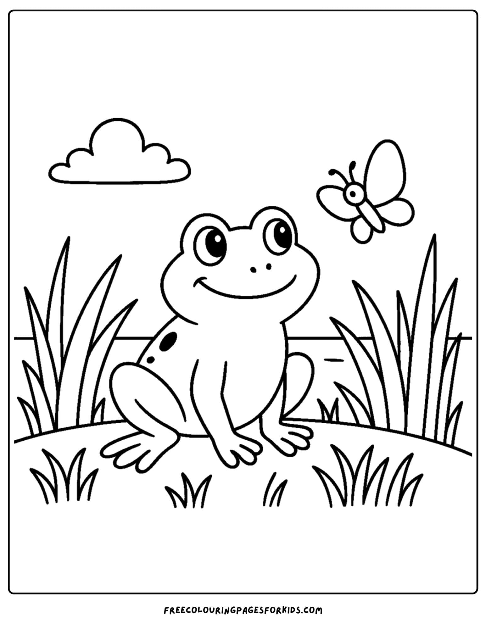 a frog coloring page of a frog looking at a butterfly