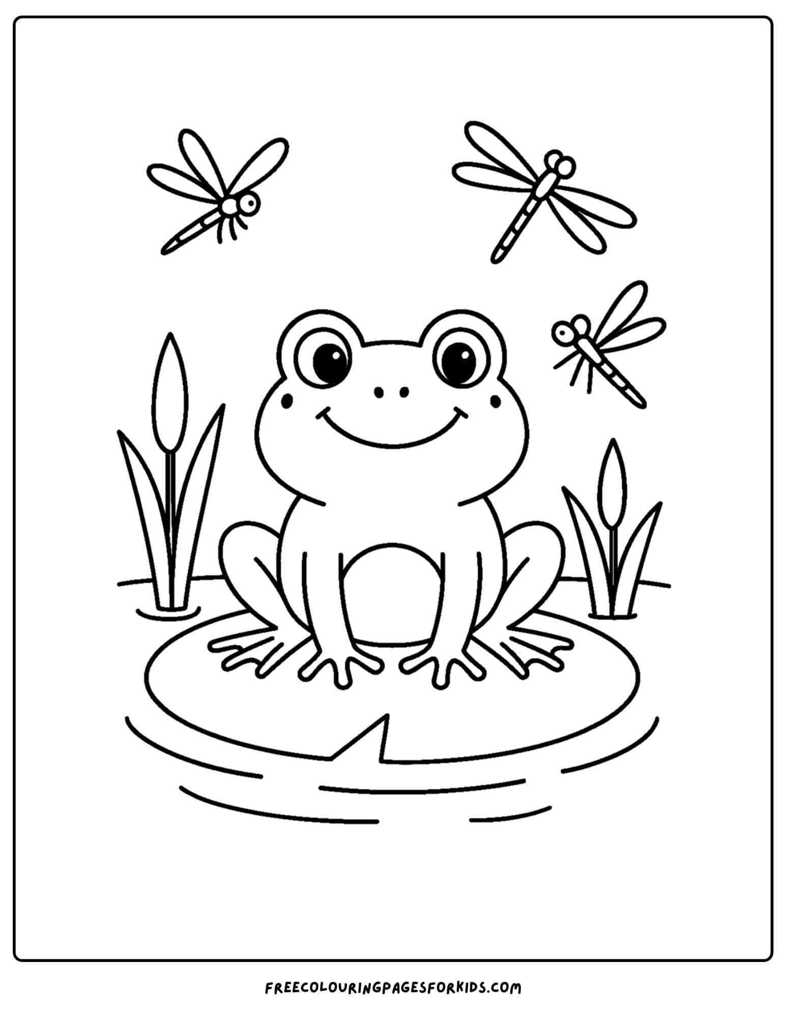 a frog coloring page of a frog surrounded by dragonflies