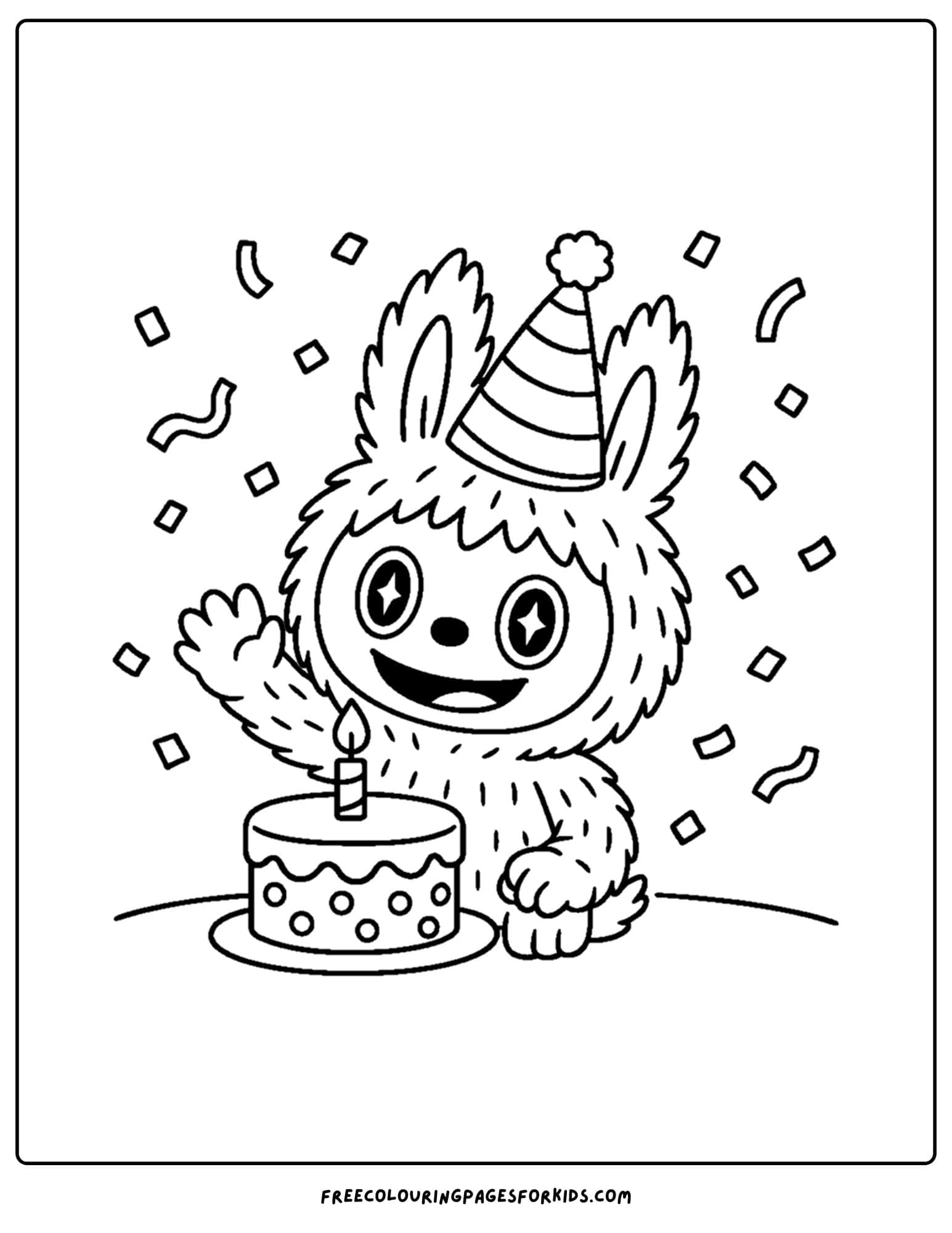 a labubu plush toy coloring page celebrating a birthday