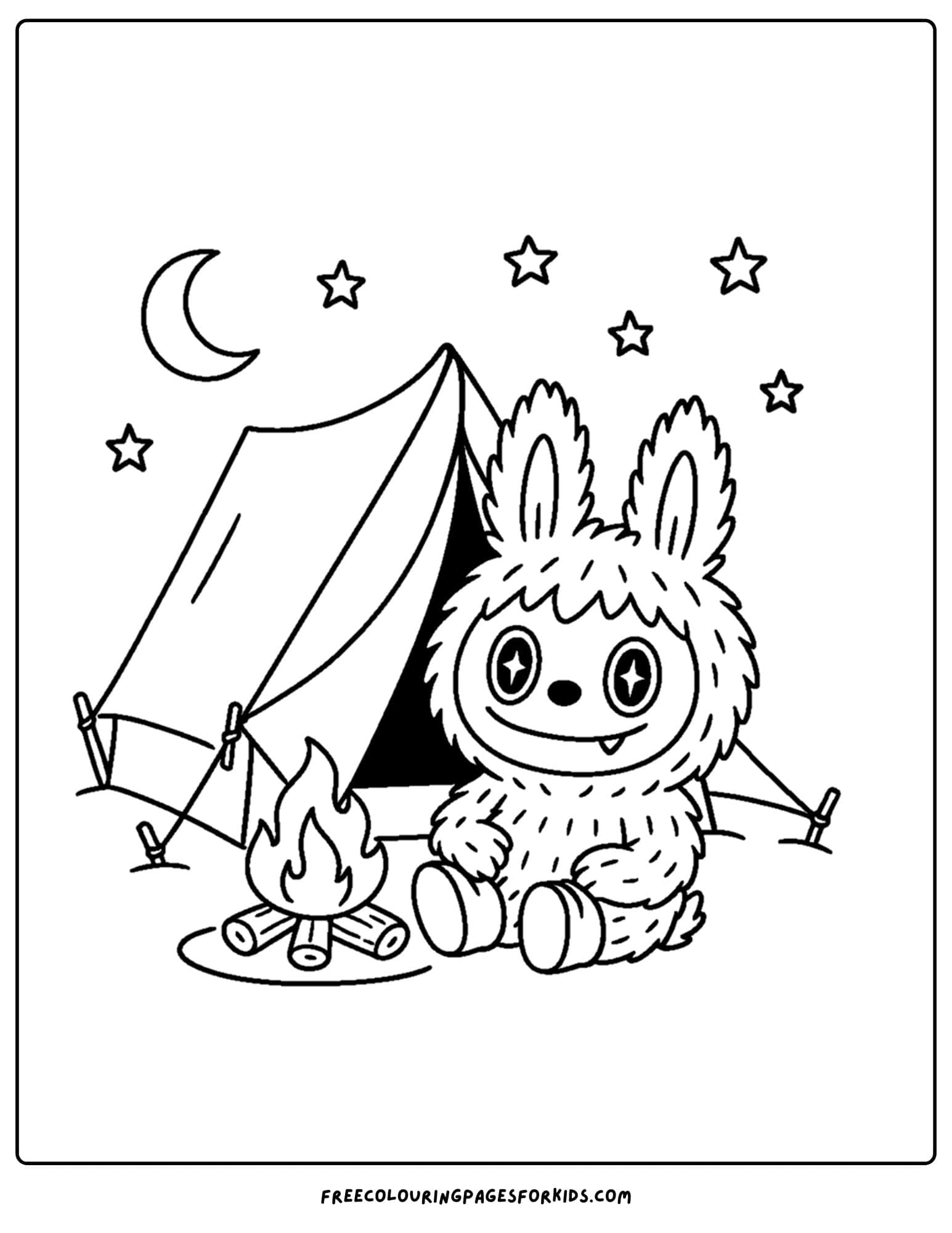 a labubu plush toy coloring page camping under the stars