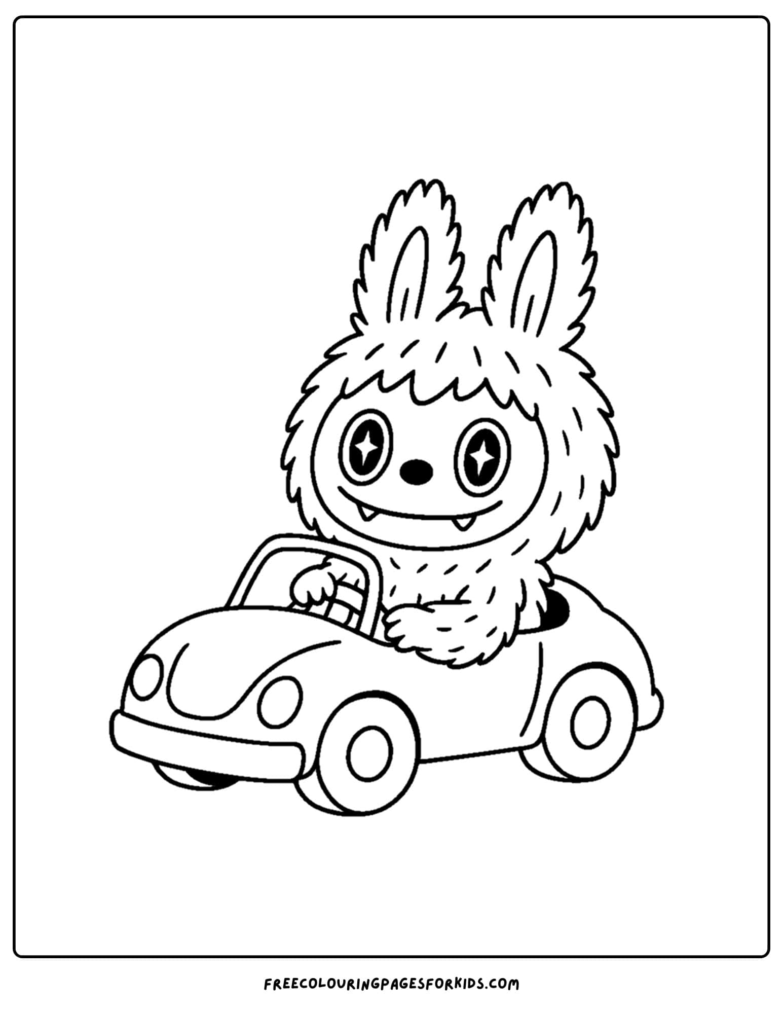 a labubu plush toy coloring page driving a toy car