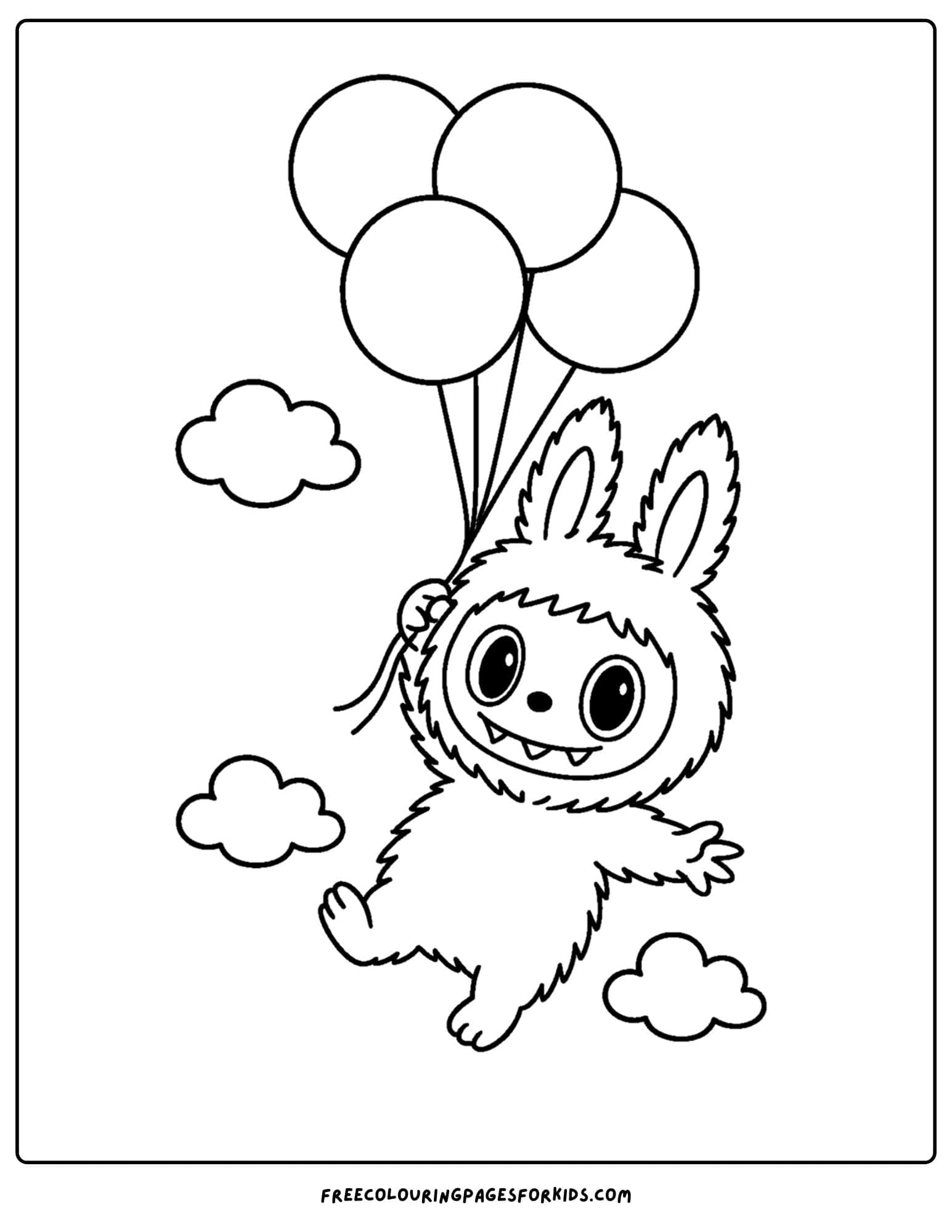 a labubu plush toy coloring page floating in the air holding balloons