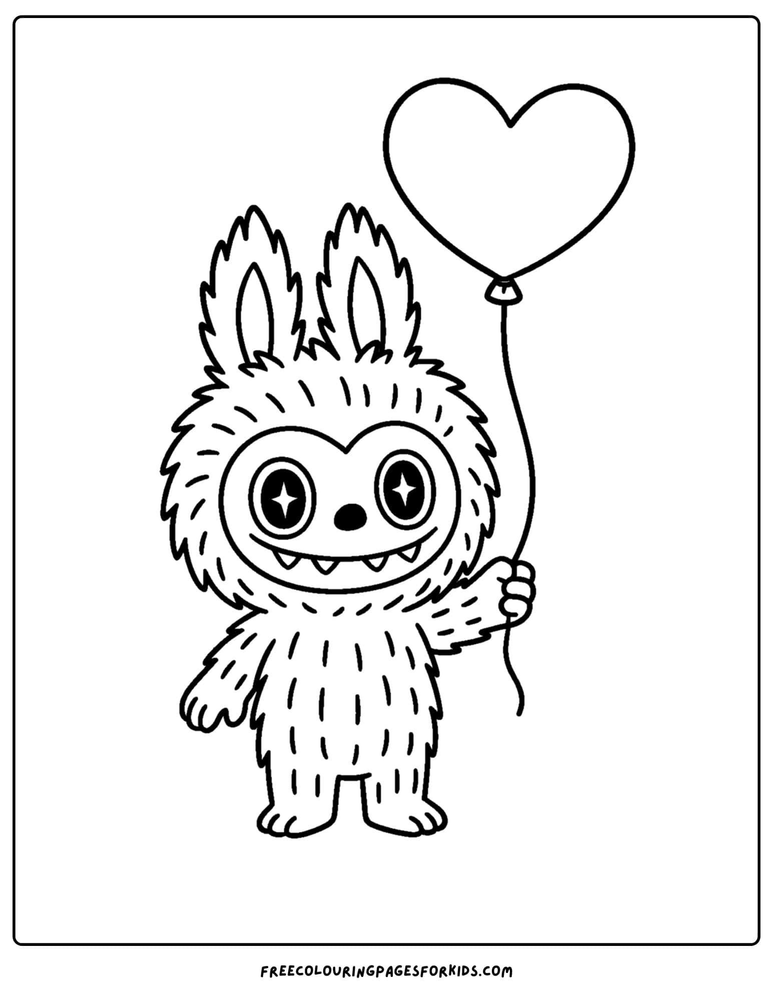 a labubu plush toy coloring page holding a heart balloon