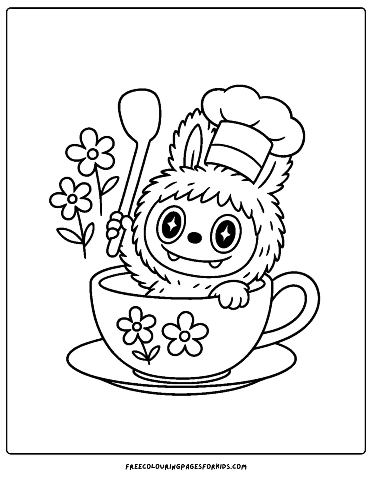 a labubu plush toy coloring page sitting in a flower tea cup