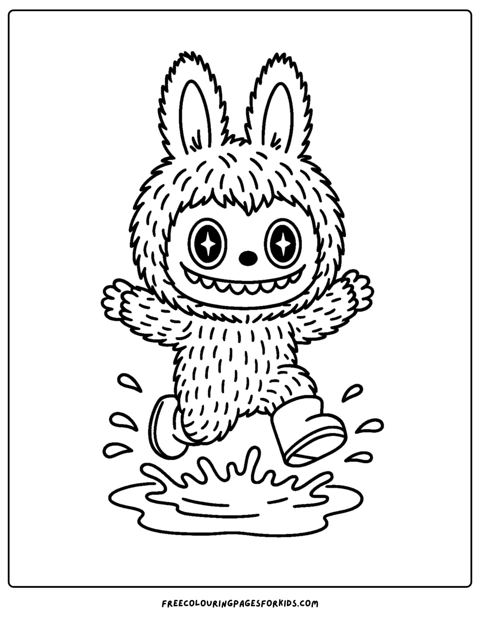 a labubu plush toy coloring page jumping in a puddle