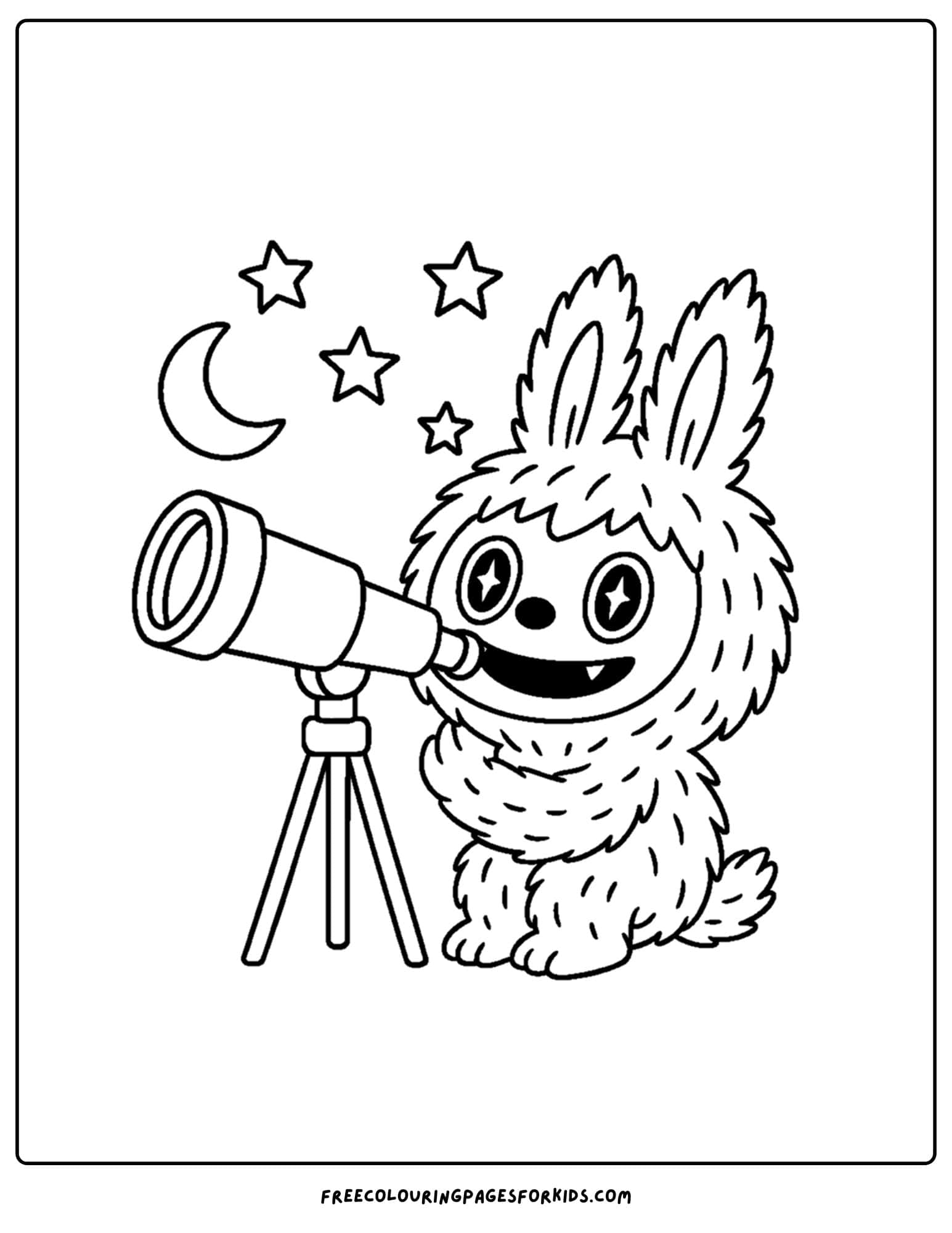 a labubu plush toy coloring page looking through a telescope