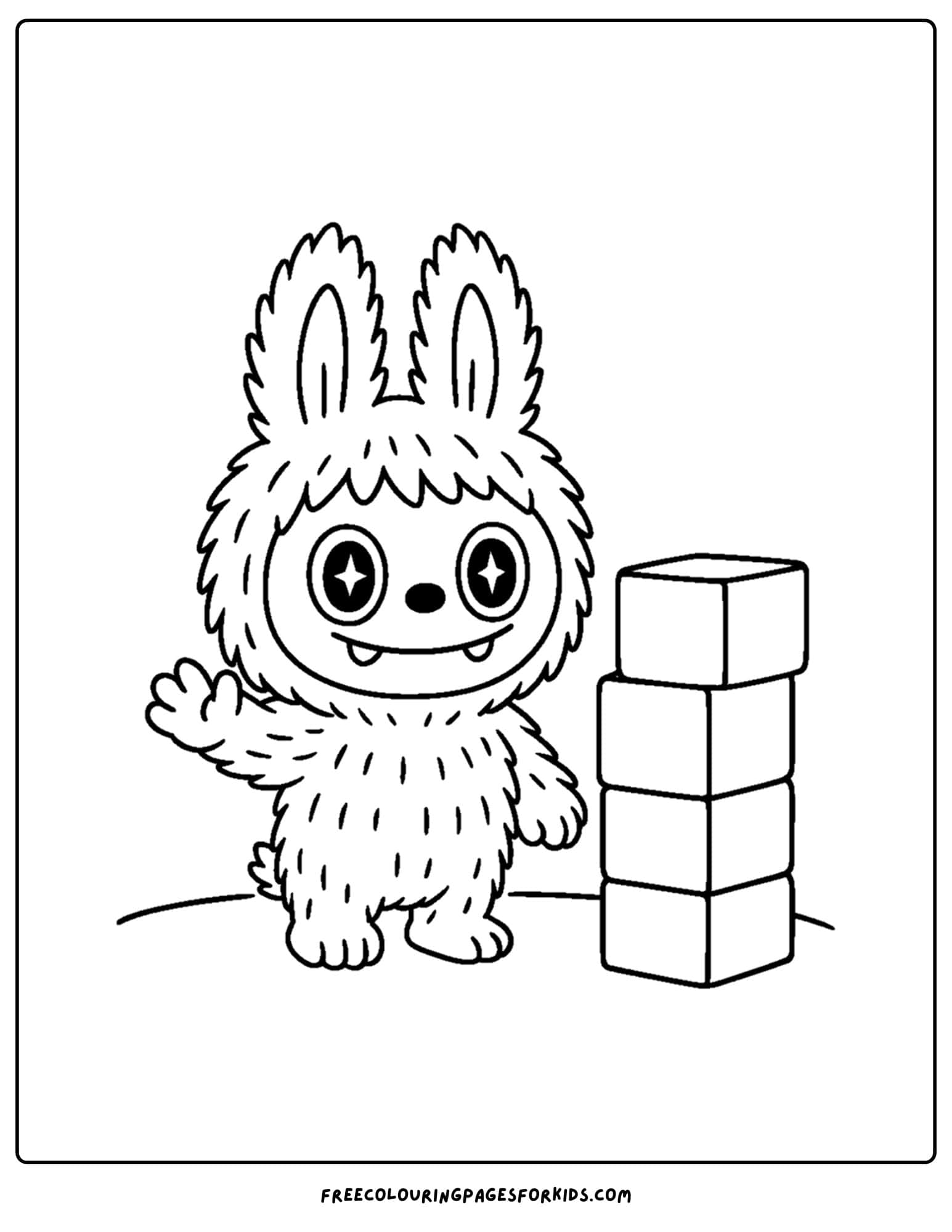 a labubu plush toy coloring page playing with blocks