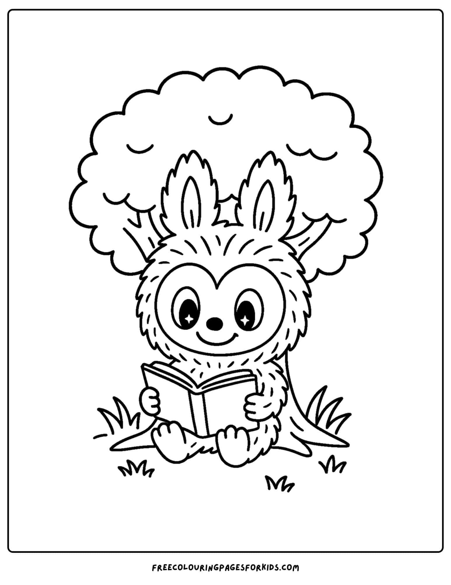 a labubu plush toy coloring page reading under a tree