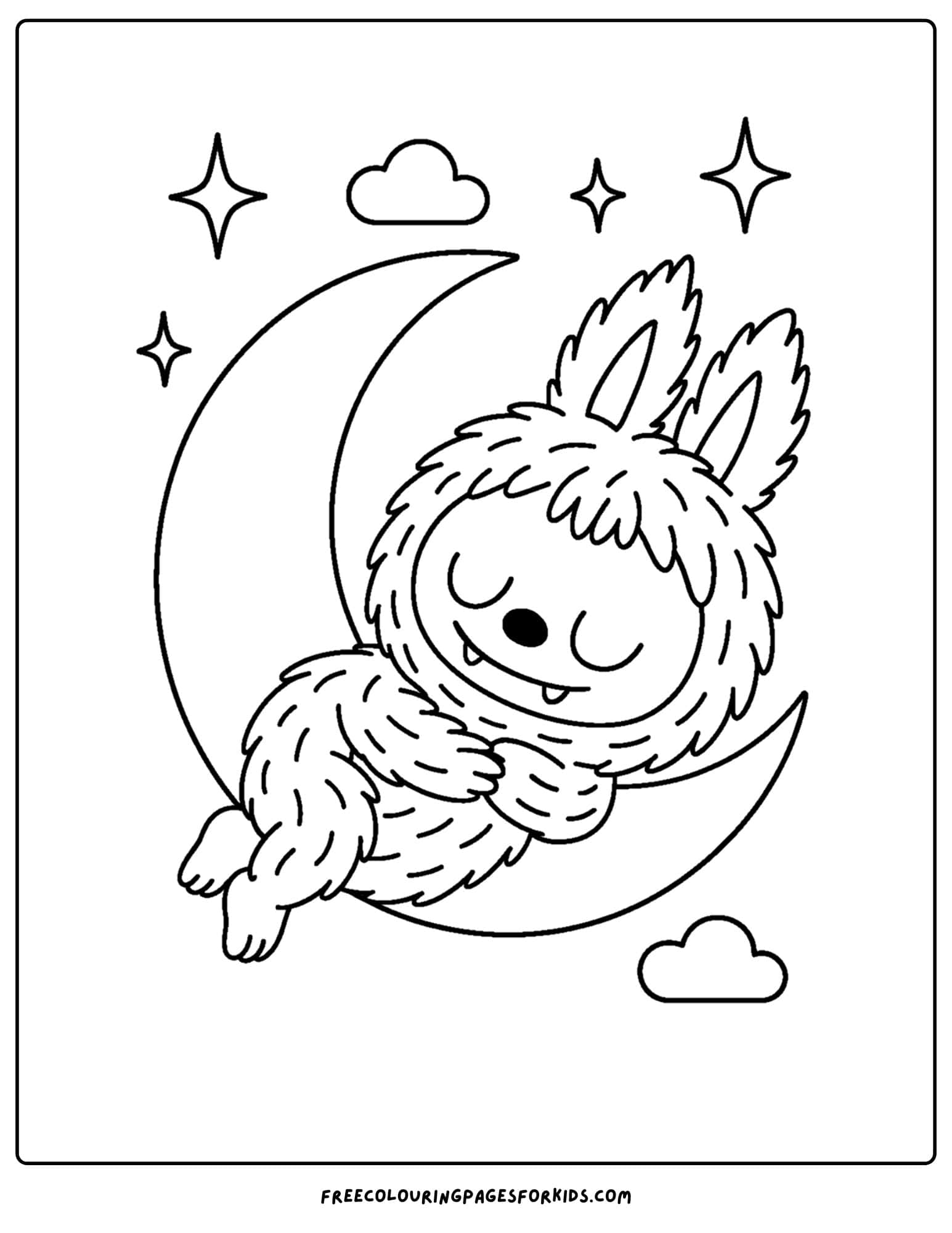 a labubu plush toy coloring page sleeping on the moon