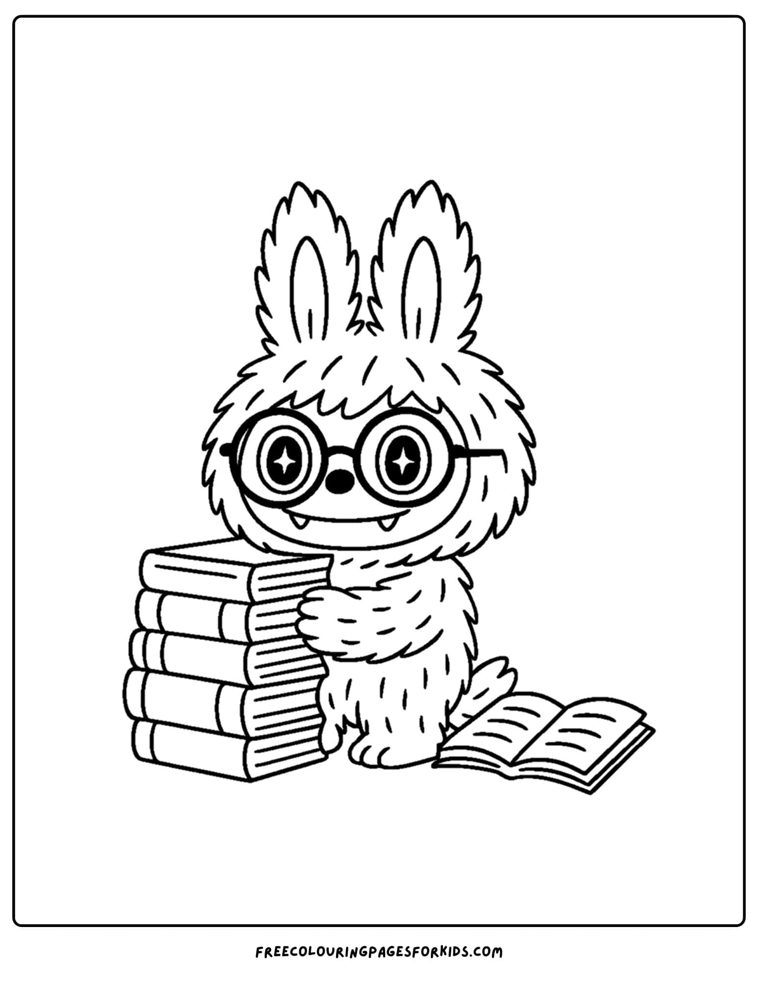 a labubu plush toy coloring page with books and wearing glasses