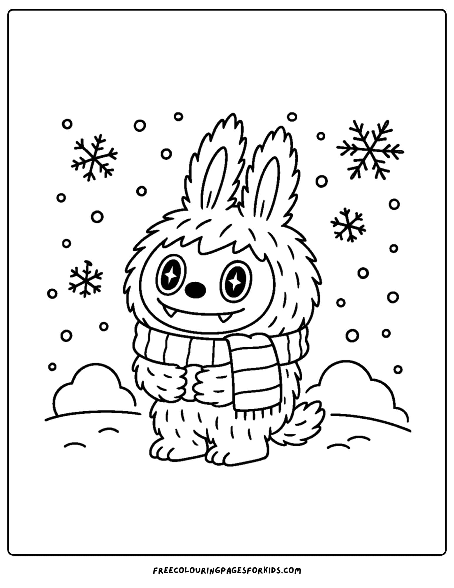 a labubu plush toy coloring page wearing a scarf in the snow